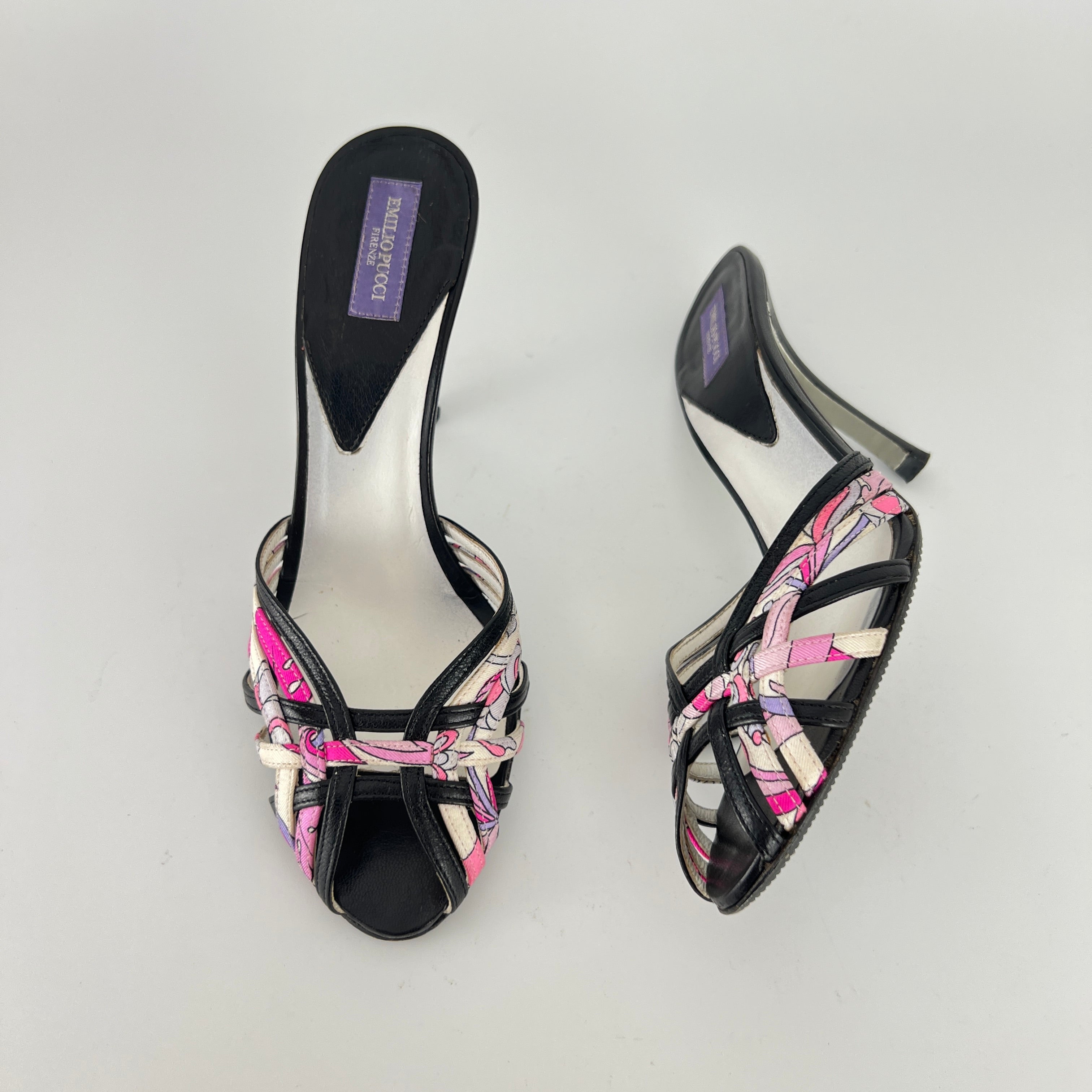 Emilio Pucci | Vintage Y2K Pink Pattern Black Leather Slide Mules (36)