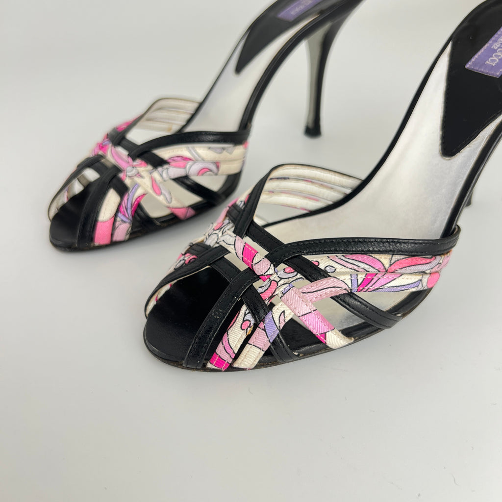 Emilio Pucci | Vintage Y2K Pink Pattern Black Leather Slide Mules (36)