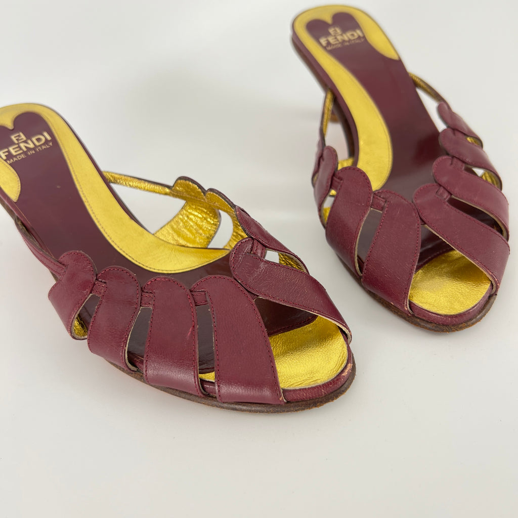 Fendi | Vintage Purple Red Leather Strappy Peep Toe Kitten Heel Sandal Mules (35)
