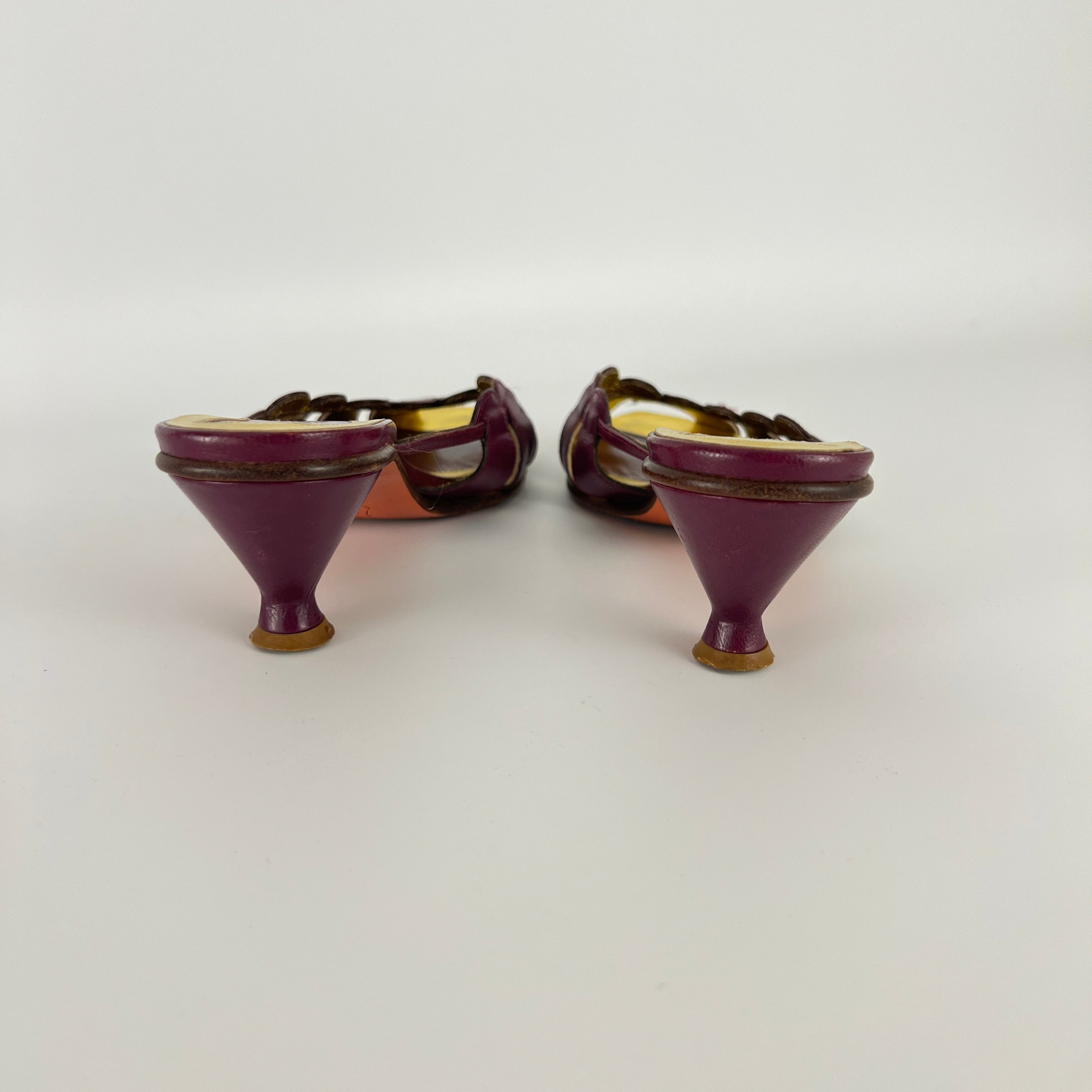 Fendi | Vintage Purple Red Leather Strappy Peep Toe Kitten Heel Sandal Mules (35)