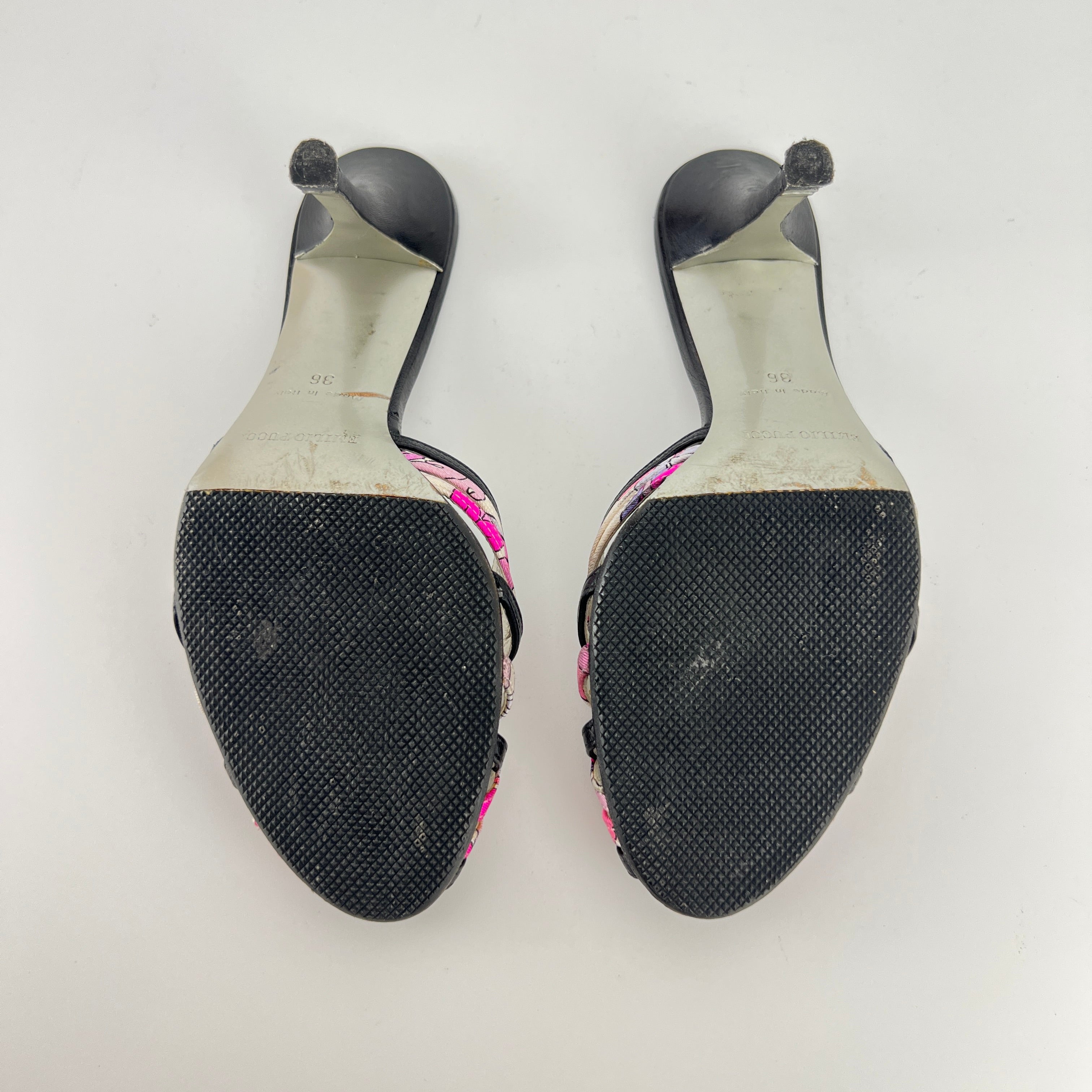 Emilio Pucci | Vintage Y2K Pink Pattern Black Leather Slide Mules (36)