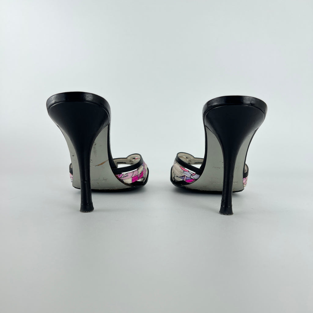 Emilio Pucci | Vintage Y2K Pink Pattern Black Leather Slide Mules (36)
