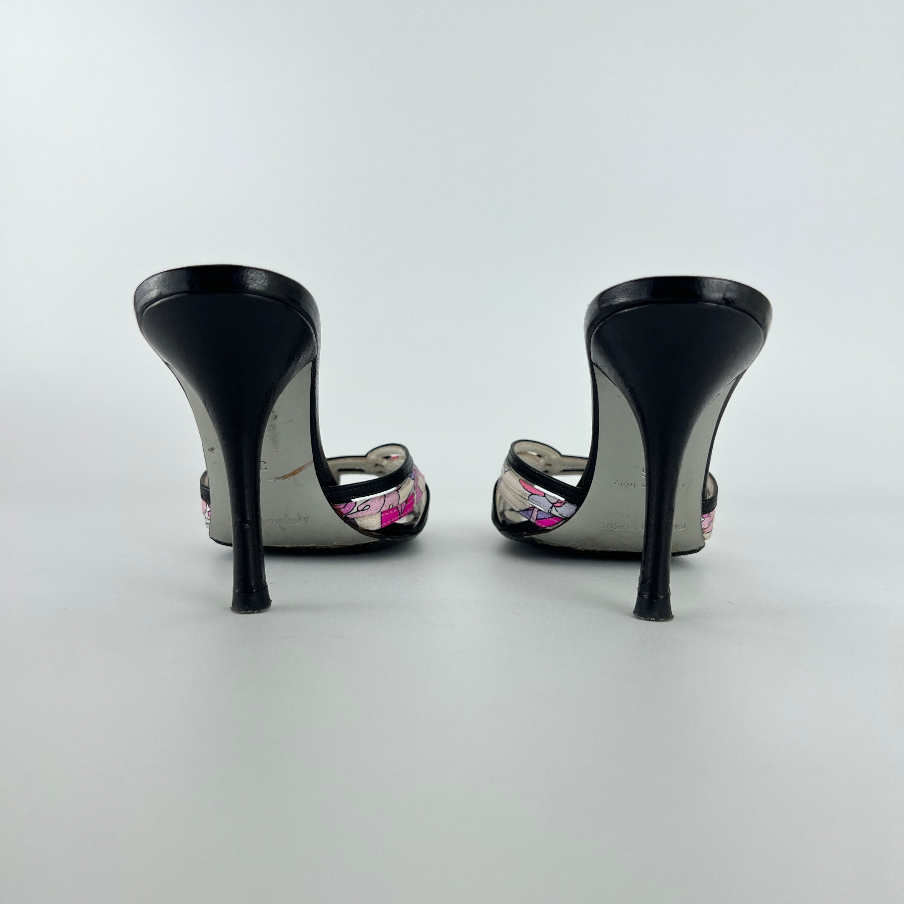 Emilio Pucci | Vintage Y2K Pink Pattern Black Leather Slide Mules (36)