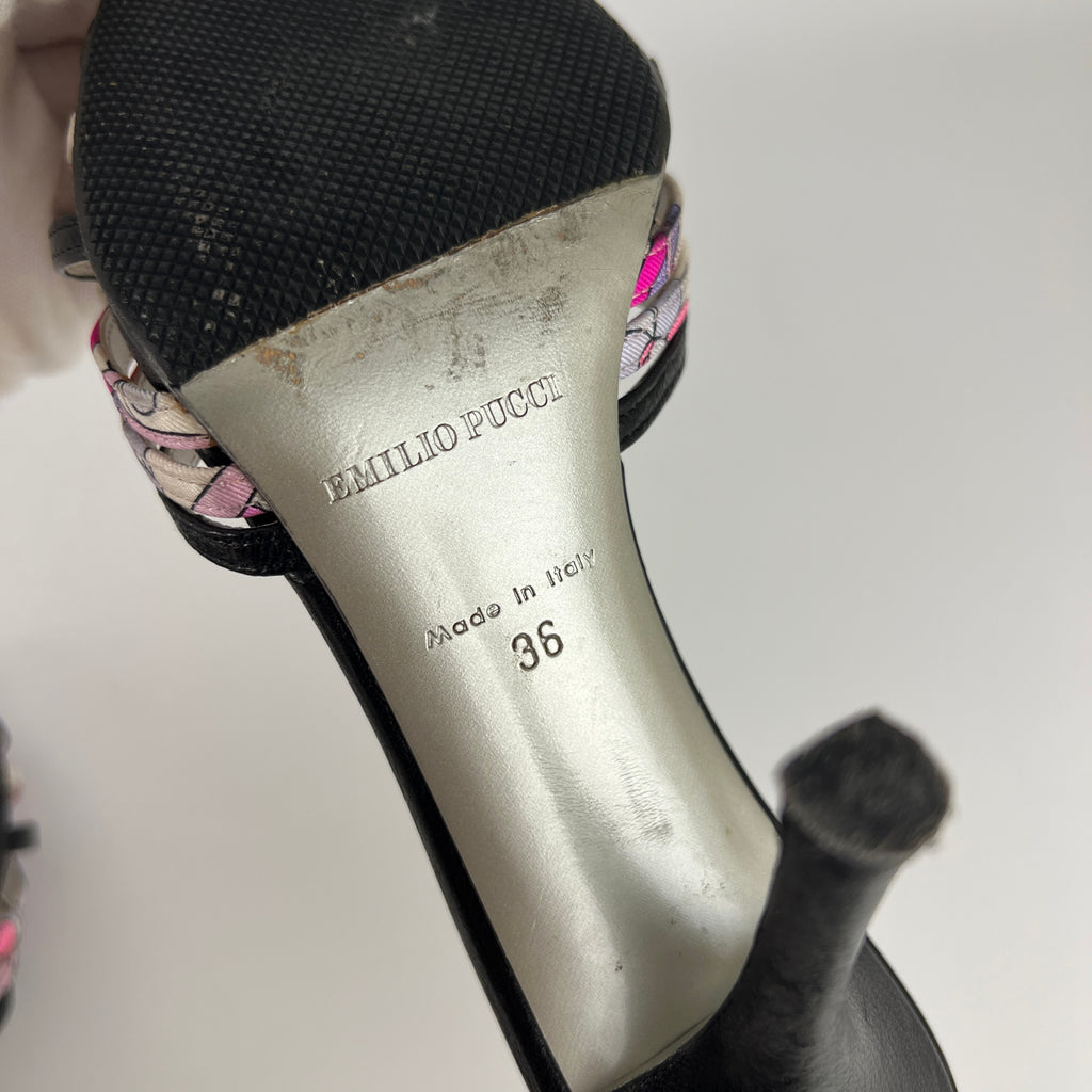 Emilio Pucci | Vintage Y2K Pink Pattern Black Leather Slide Mules (36)