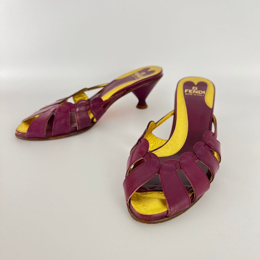 Fendi | Vintage Purple Red Leather Strappy Peep Toe Kitten Heel Sandal Mules (35)