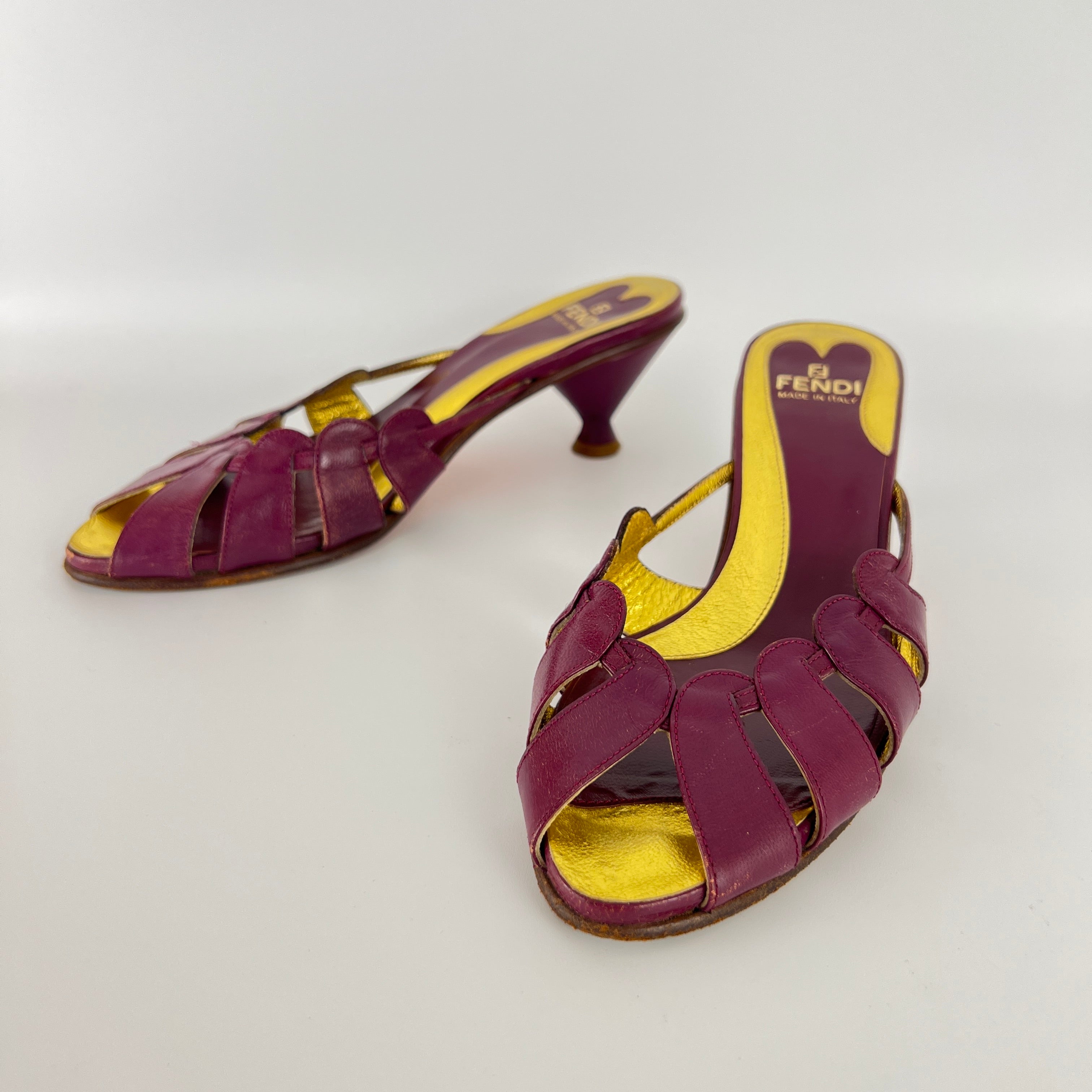 Fendi | Vintage Purple Red Leather Strappy Peep Toe Kitten Heel Sandal Mules (35)
