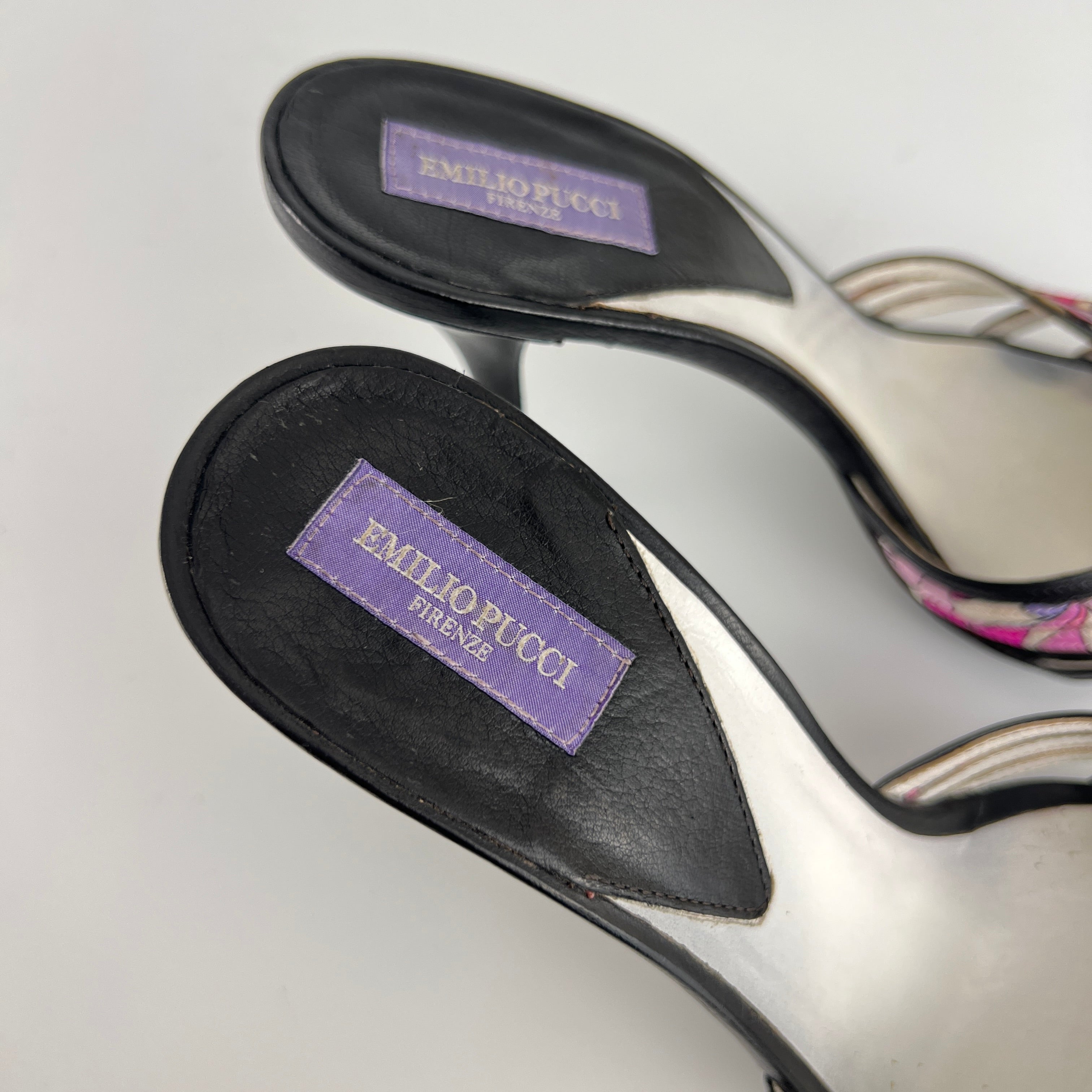 Emilio Pucci | Vintage Y2K Pink Pattern Black Leather Slide Mules (36)