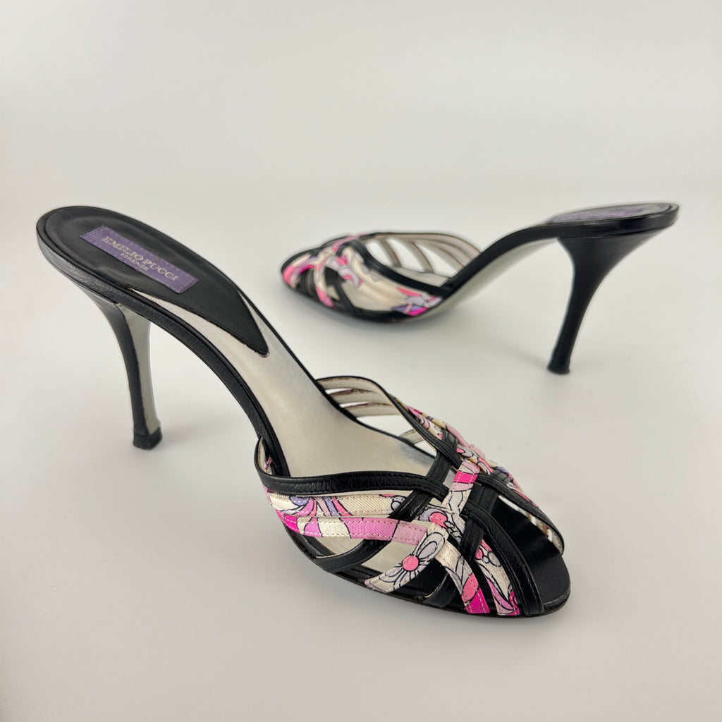Emilio Pucci | Vintage Y2K Pink Pattern Black Leather Slide Mules (36)