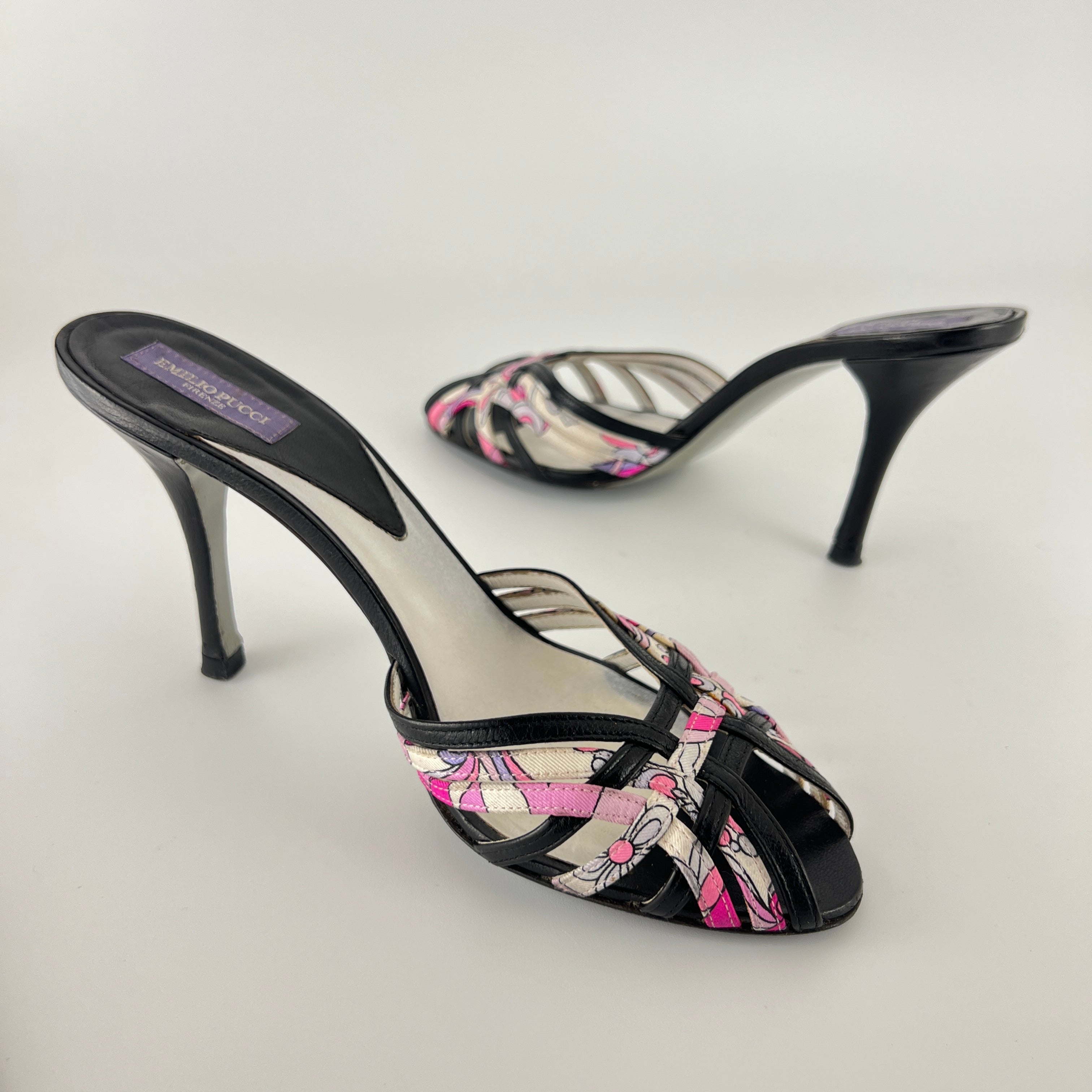 Emilio Pucci | Vintage Y2K Pink Pattern Black Leather Slide Mules (36)