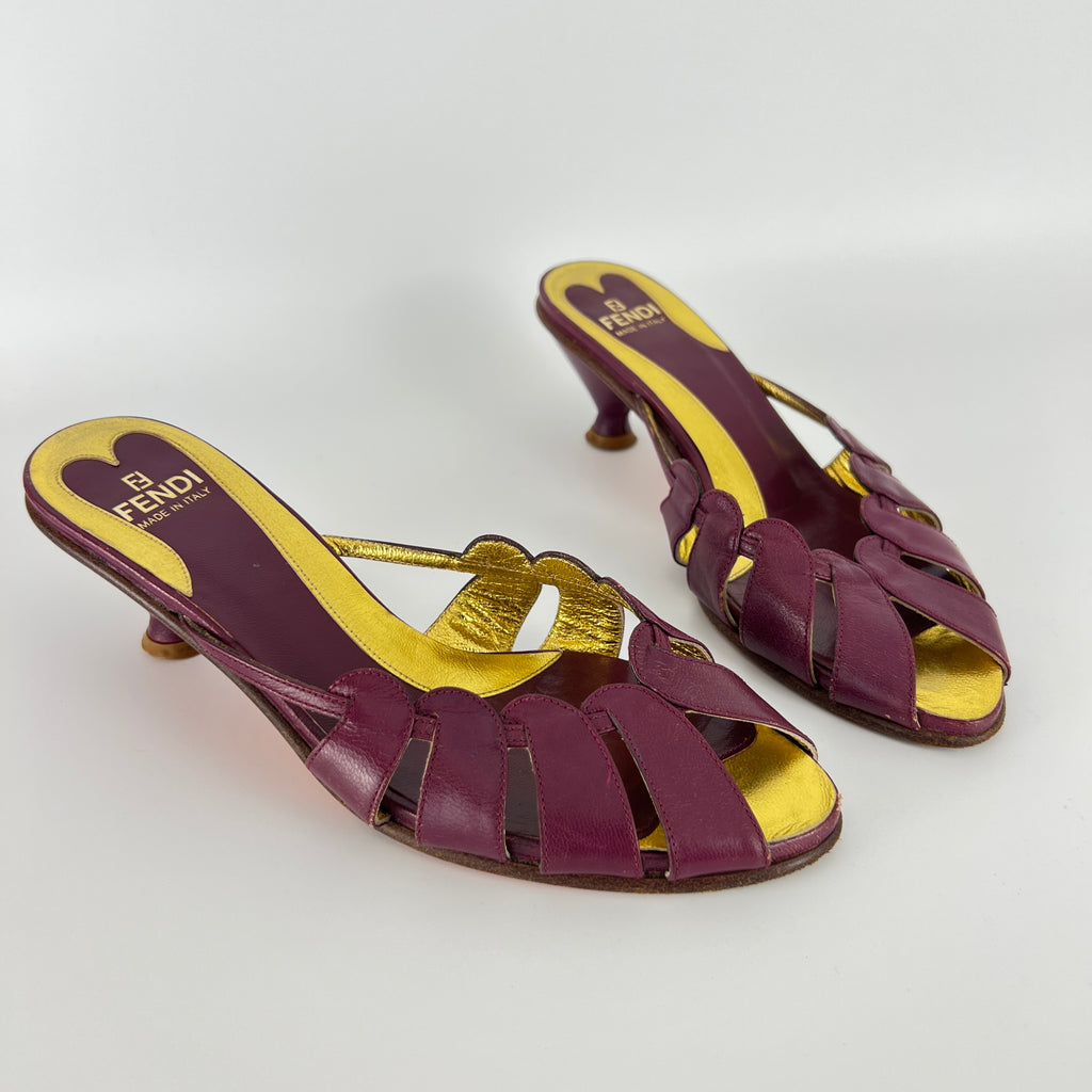 Fendi | Vintage Purple Red Leather Strappy Peep Toe Kitten Heel Sandal Mules (35)