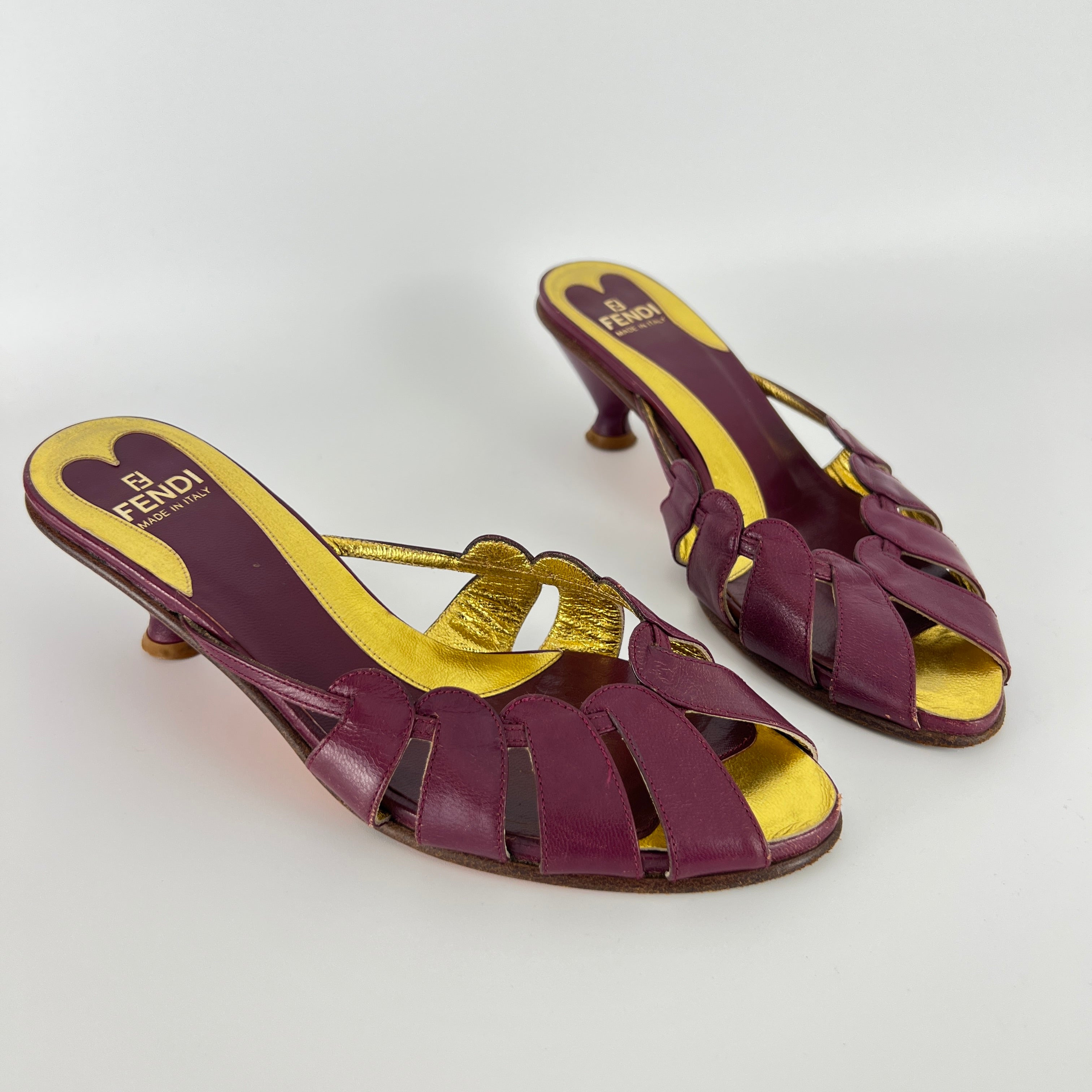 Fendi | Vintage Purple Red Leather Strappy Peep Toe Kitten Heel Sandal Mules (35)