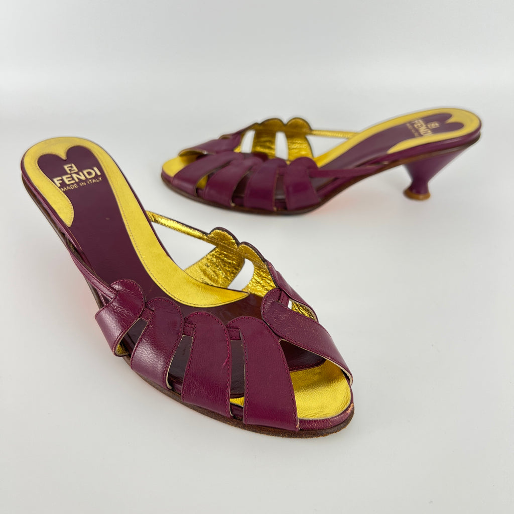Fendi | Vintage Purple Red Leather Strappy Peep Toe Kitten Heel Sandal Mules (35)