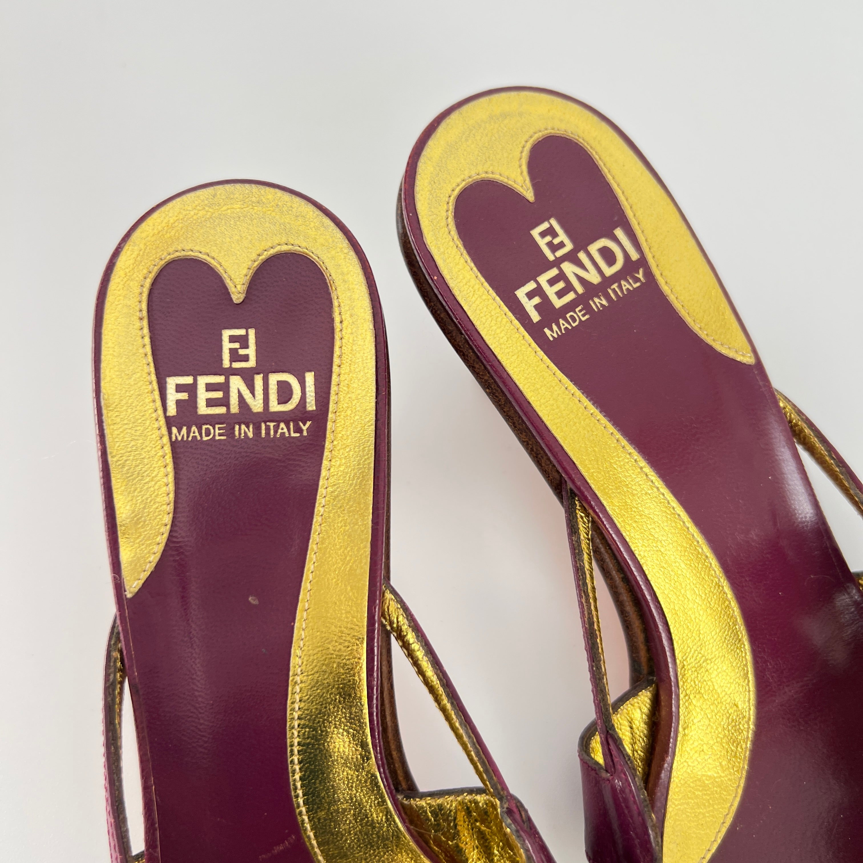 Fendi | Vintage Purple Red Leather Strappy Peep Toe Kitten Heel Sandal Mules (35)