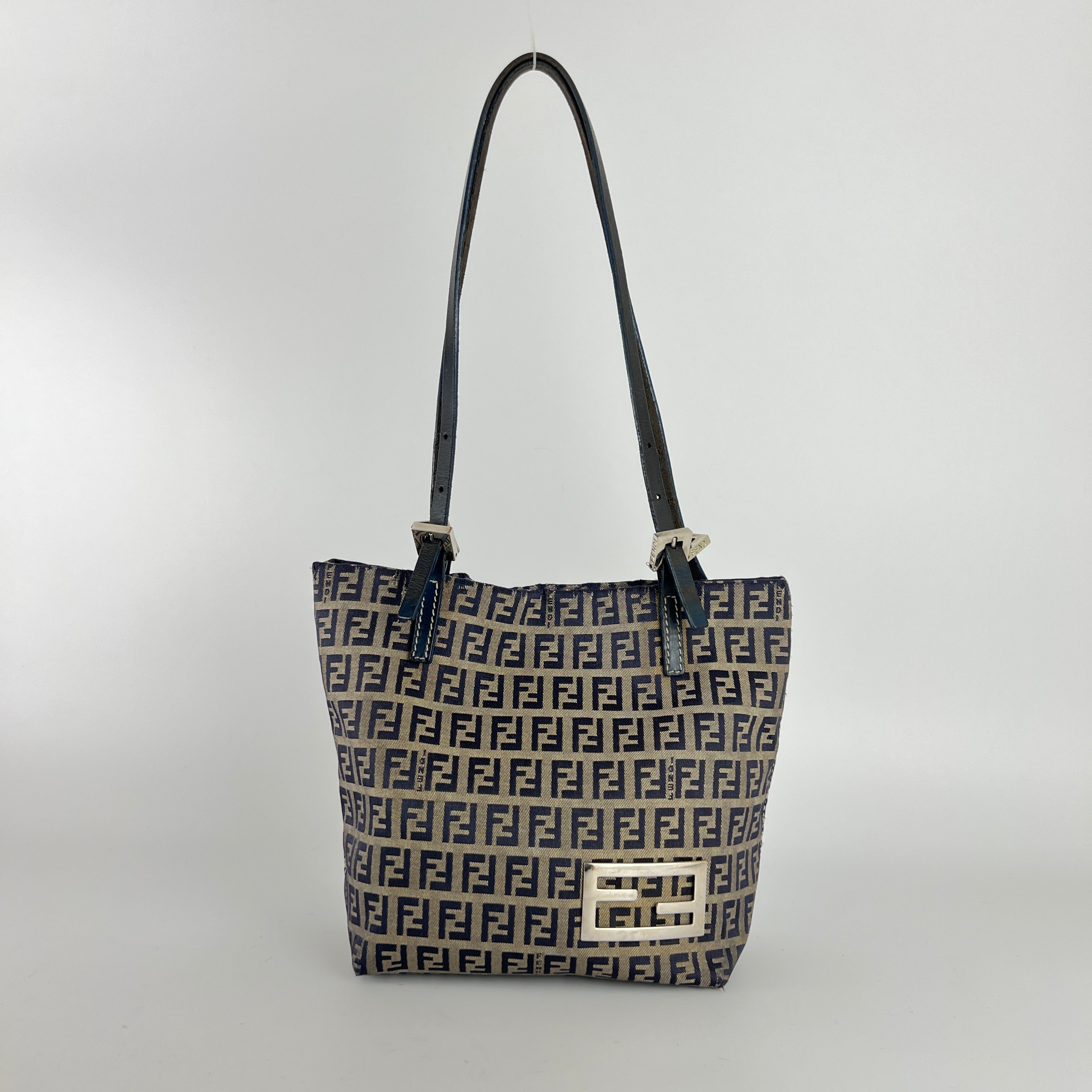 Fendi | Vintage Y2K Navy FF Zucca Pattern Canvas Silver Baguette Buckle Bucket Bag