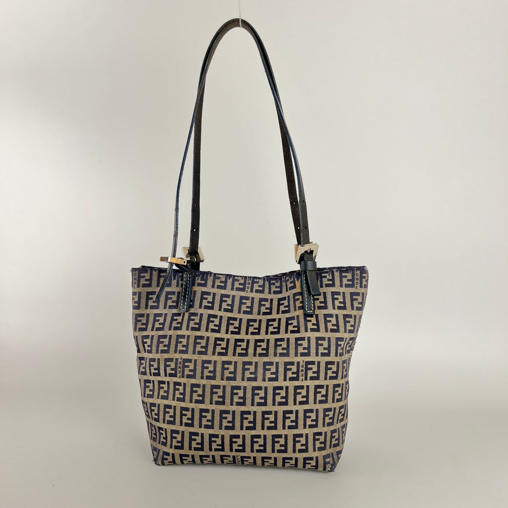 Fendi | Vintage Y2K Navy FF Zucca Pattern Canvas Silver Baguette Buckle Bucket Bag