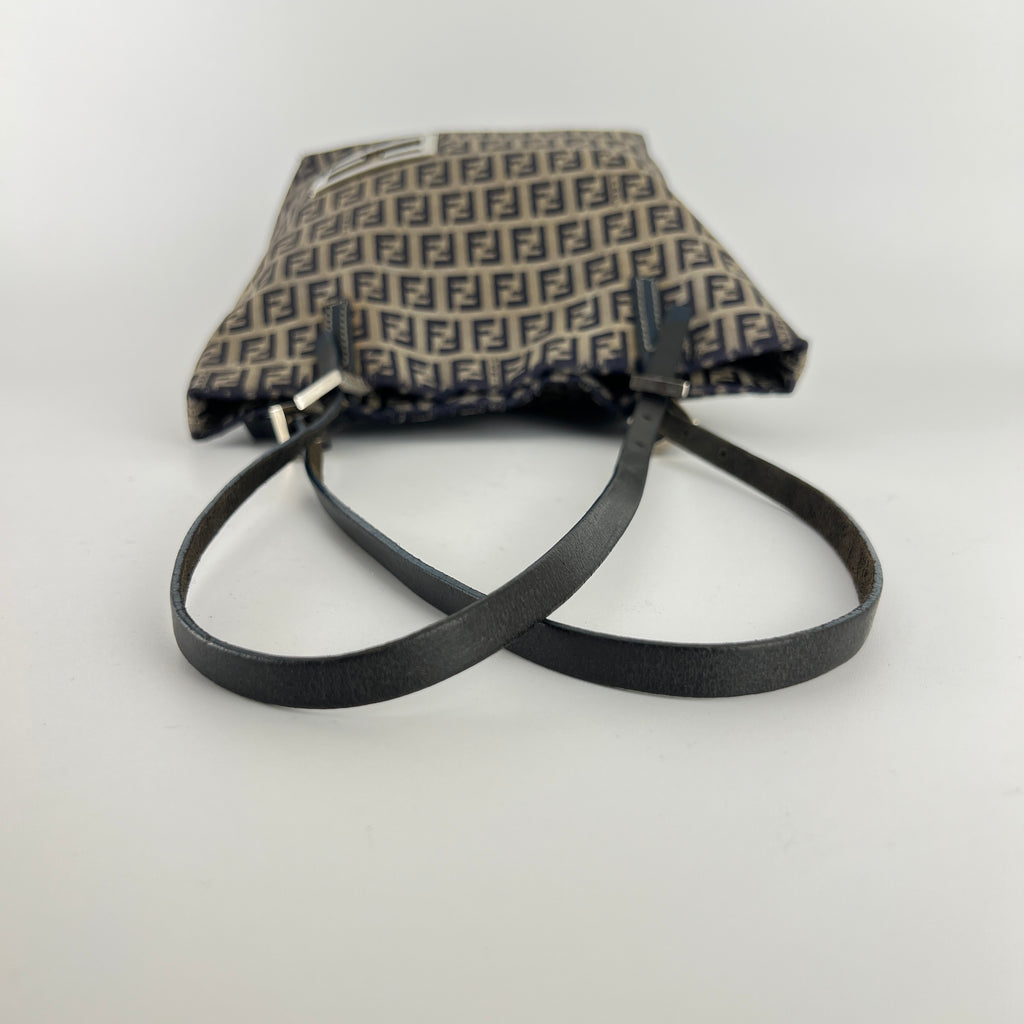Fendi | Vintage Y2K Navy FF Zucca Pattern Canvas Silver Baguette Buckle Bucket Bag