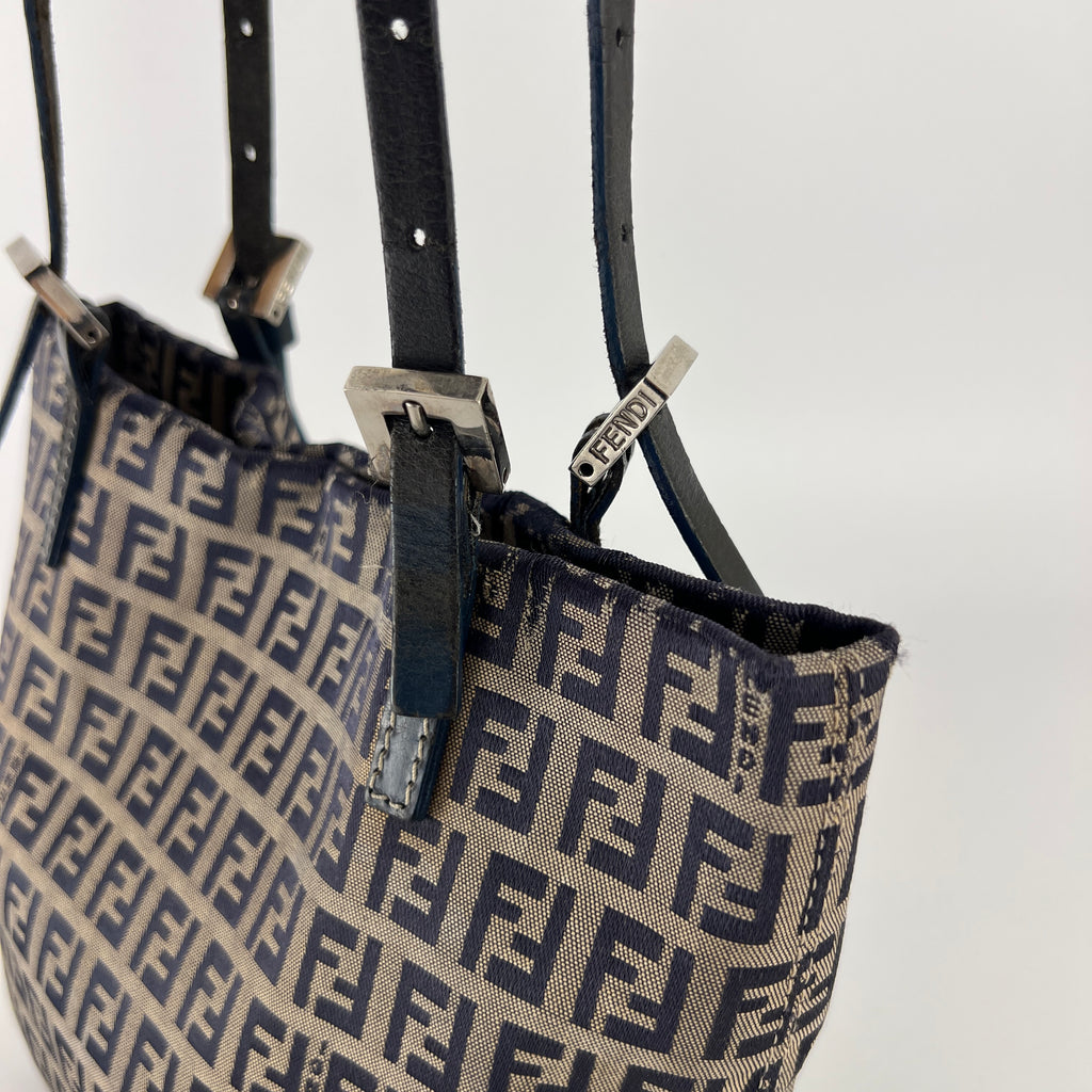 Fendi | Vintage Y2K Navy FF Zucca Pattern Canvas Silver Baguette Buckle Bucket Bag