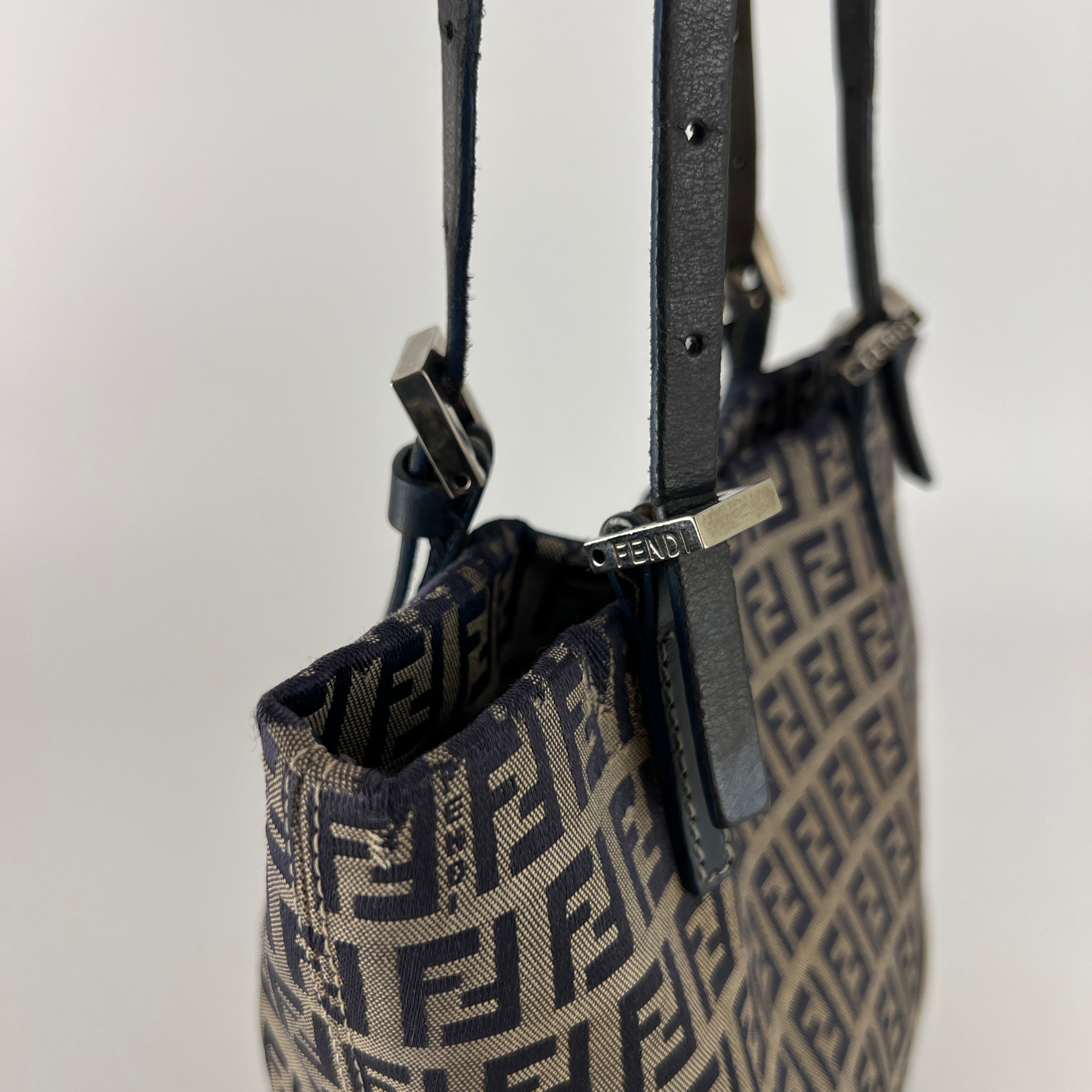Fendi | Vintage Y2K Navy FF Zucca Pattern Canvas Silver Baguette Buckle Bucket Bag
