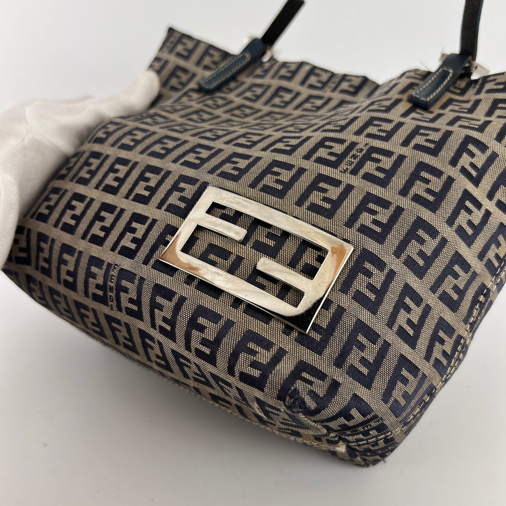 Fendi | Vintage Y2K Navy FF Zucca Pattern Canvas Silver Baguette Buckle Bucket Bag