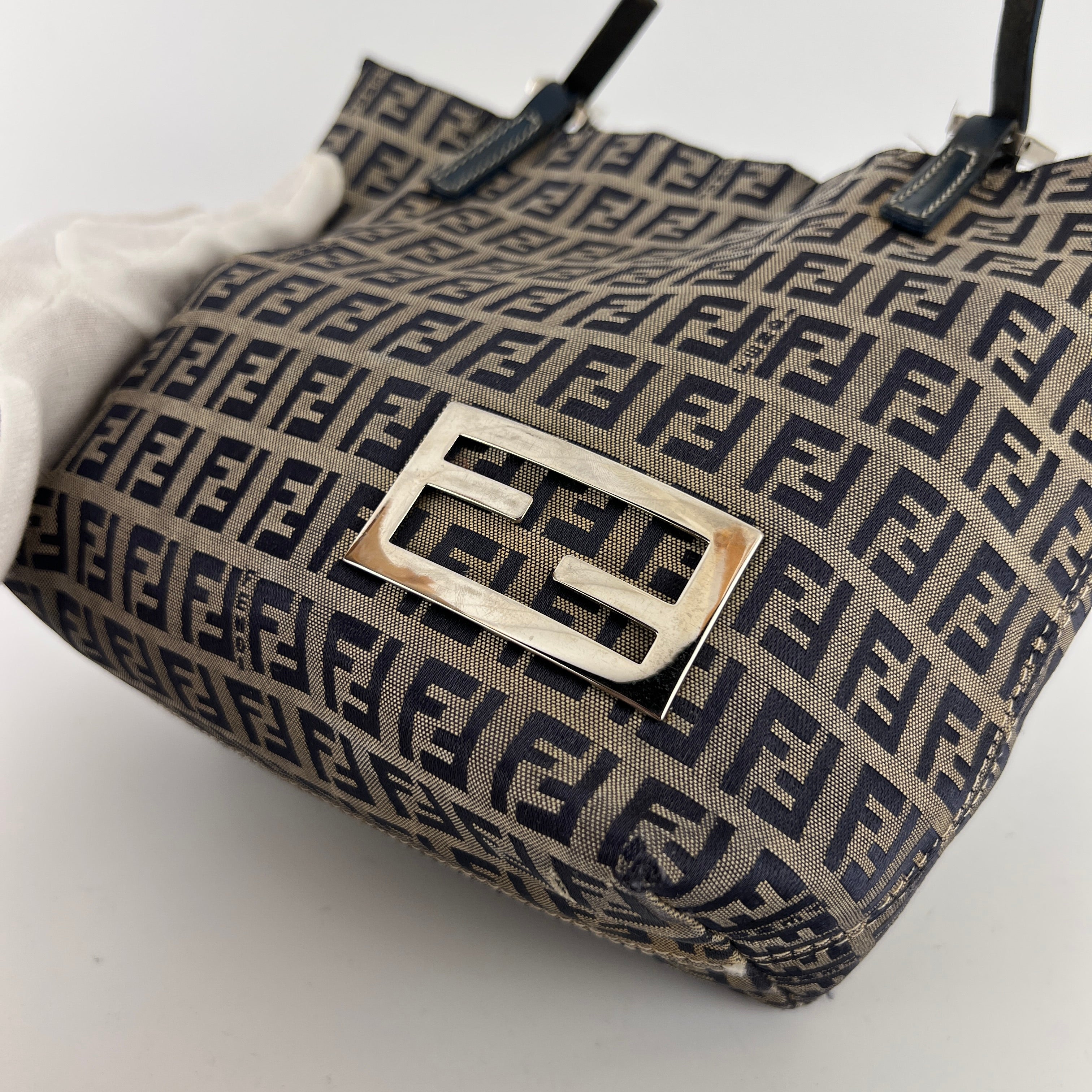 Fendi | Vintage Y2K Navy FF Zucca Pattern Canvas Silver Baguette Buckle Bucket Bag