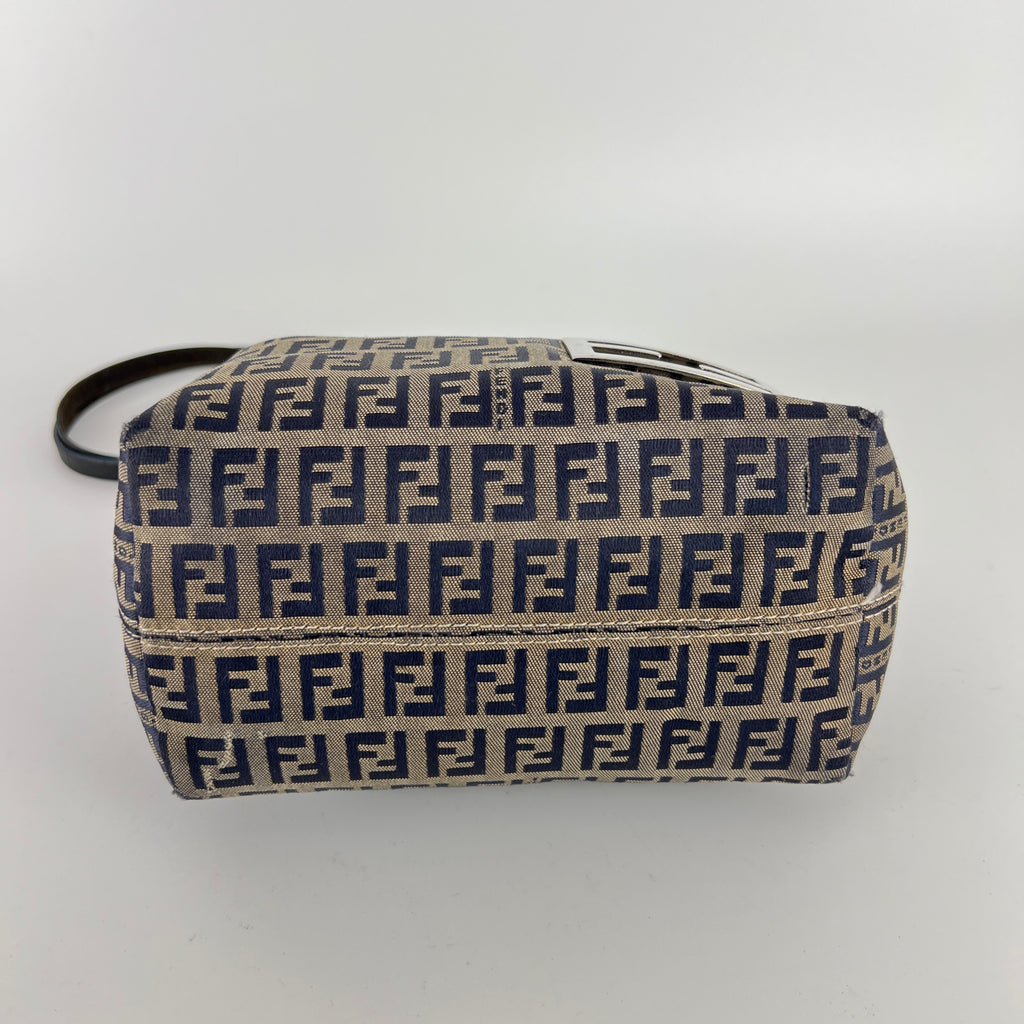 Fendi | Vintage Y2K Navy FF Zucca Pattern Canvas Silver Baguette Buckle Bucket Bag
