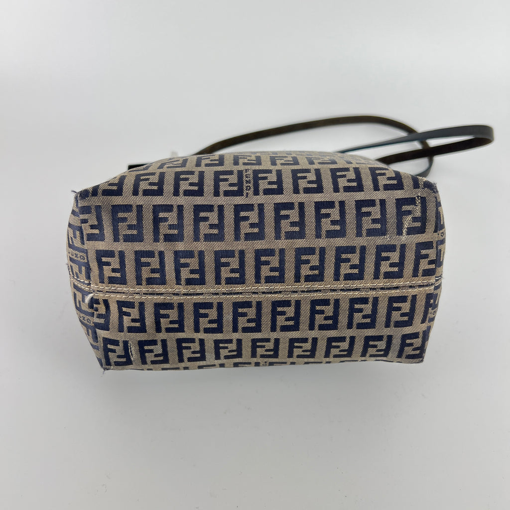 Fendi | Vintage Y2K Navy FF Zucca Pattern Canvas Silver Baguette Buckle Bucket Bag