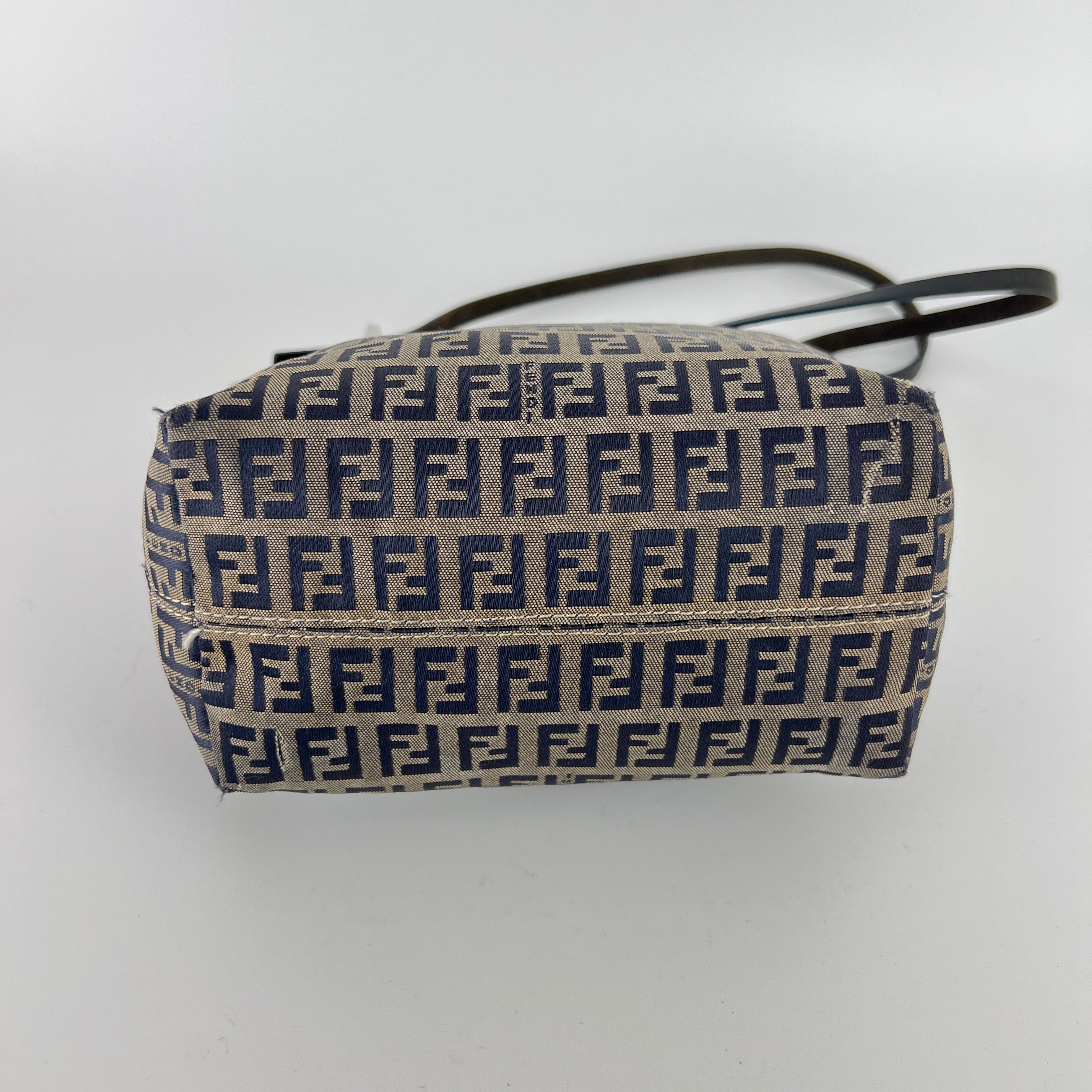 Fendi | Vintage Y2K Navy FF Zucca Pattern Canvas Silver Baguette Buckle Bucket Bag