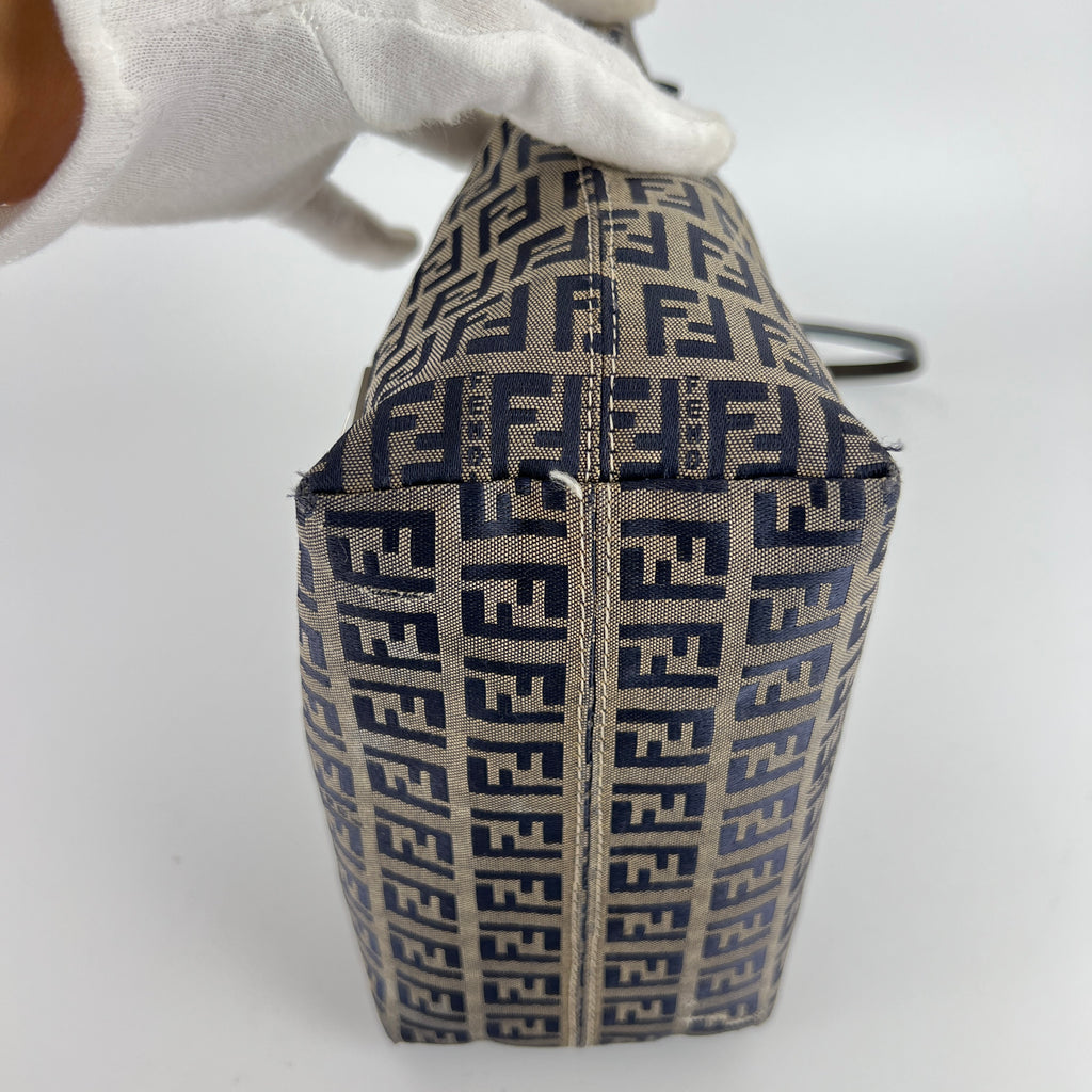 Fendi | Vintage Y2K Navy FF Zucca Pattern Canvas Silver Baguette Buckle Bucket Bag