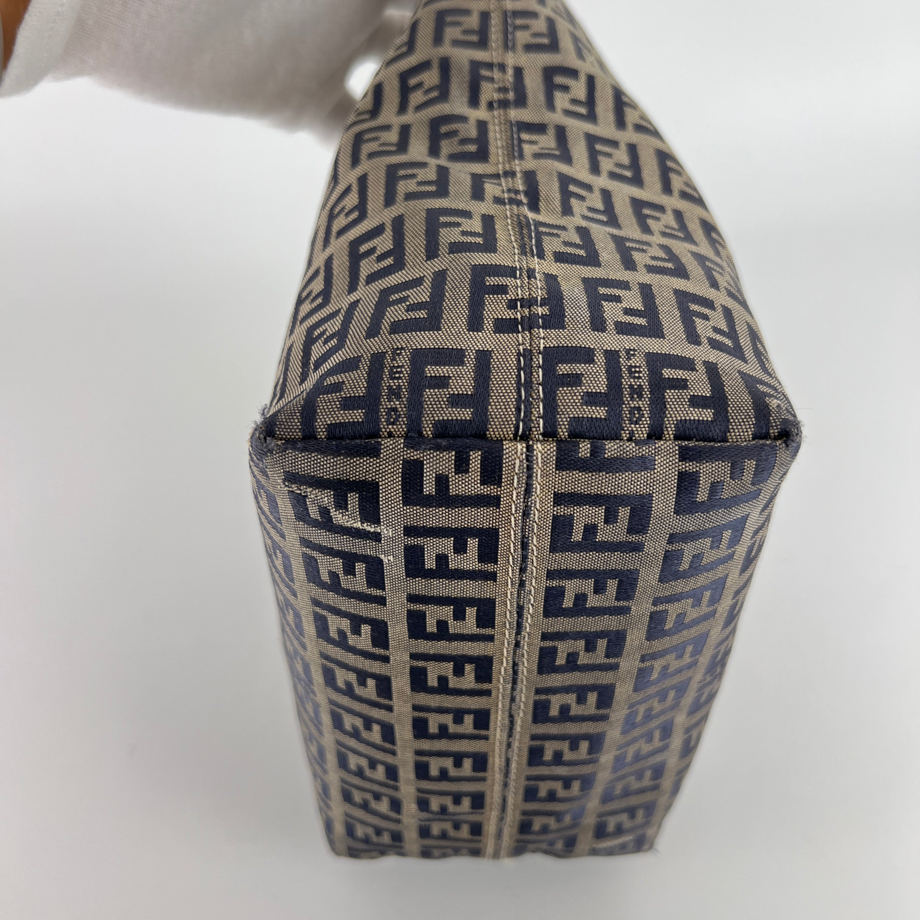 Fendi | Vintage Y2K Navy FF Zucca Pattern Canvas Silver Baguette Buckle Bucket Bag
