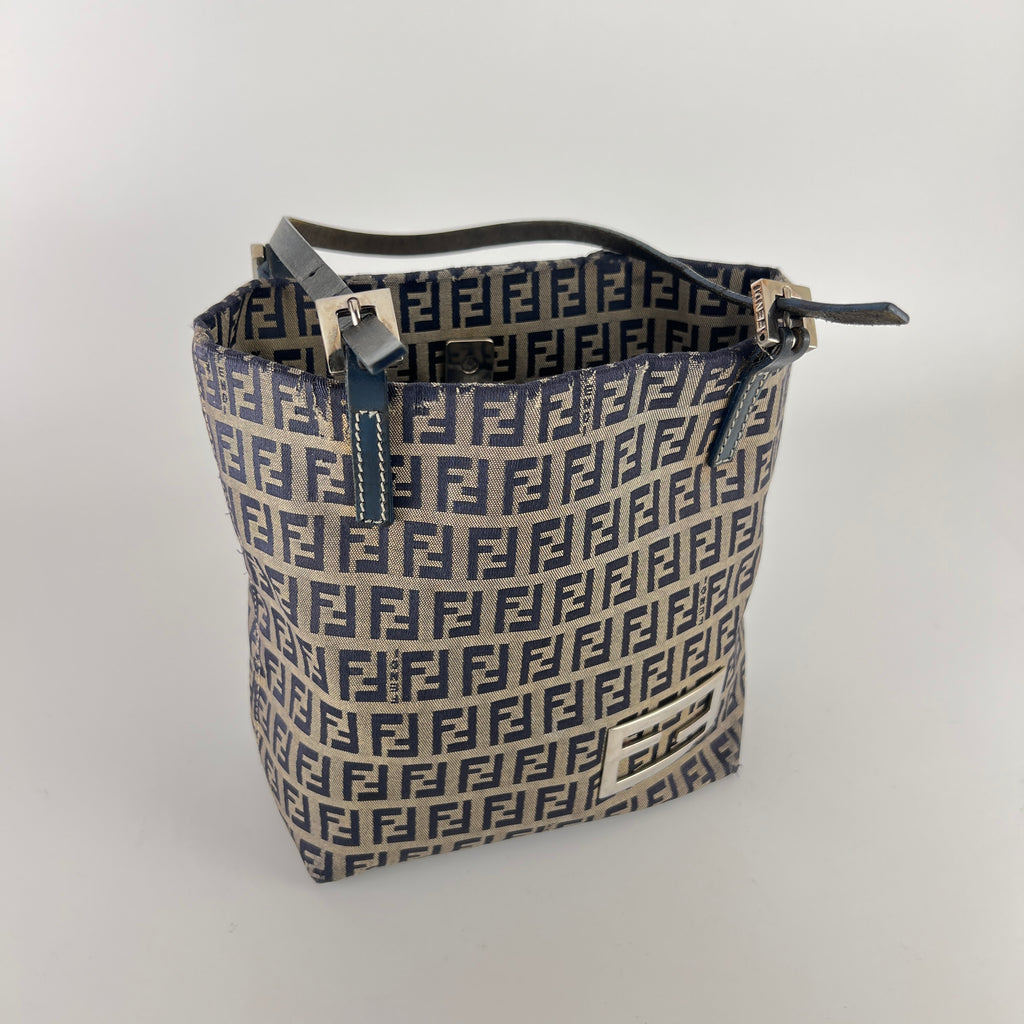 Fendi | Vintage Y2K Navy FF Zucca Pattern Canvas Silver Baguette Buckle Bucket Bag