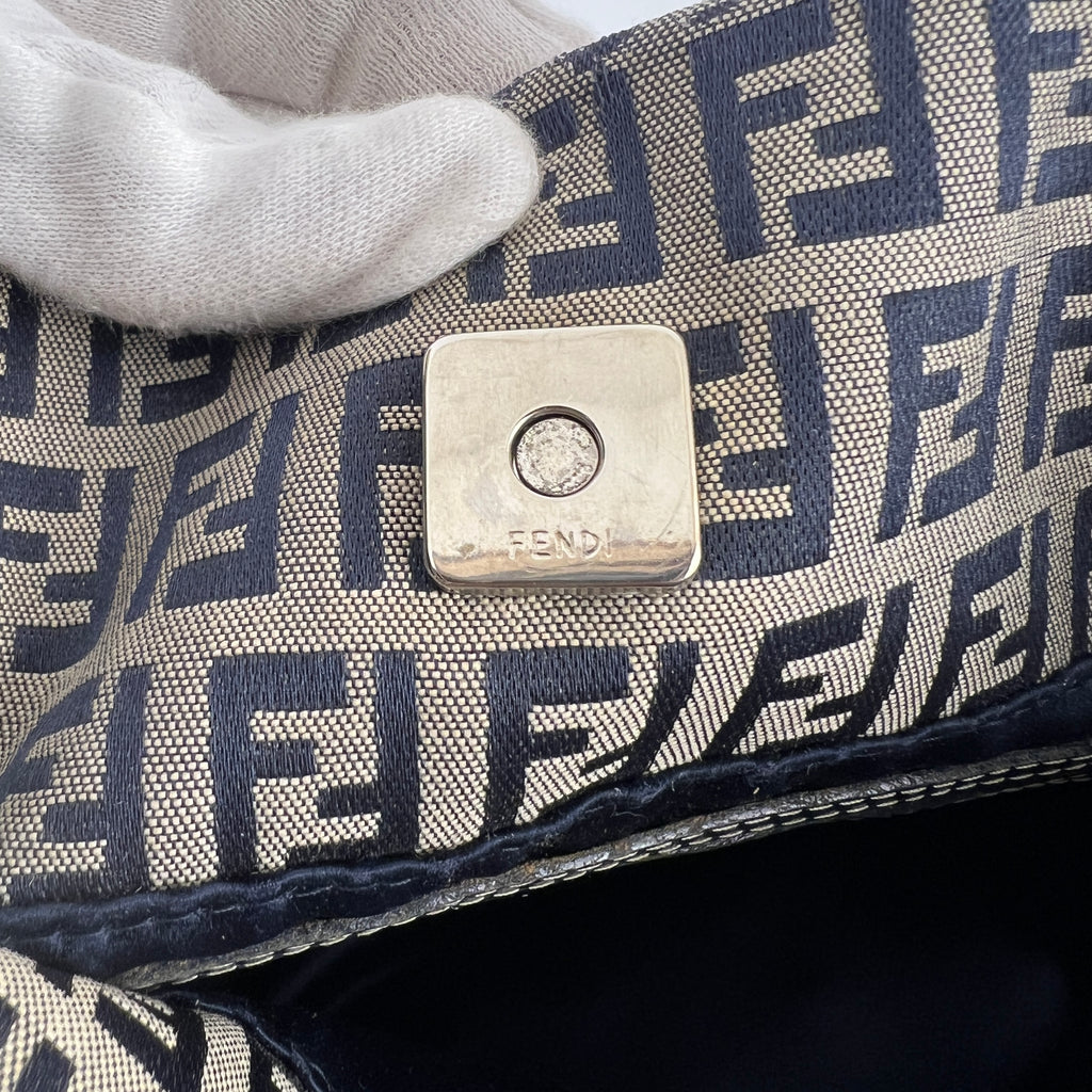 Fendi | Vintage Y2K Navy FF Zucca Pattern Canvas Silver Baguette Buckle Bucket Bag