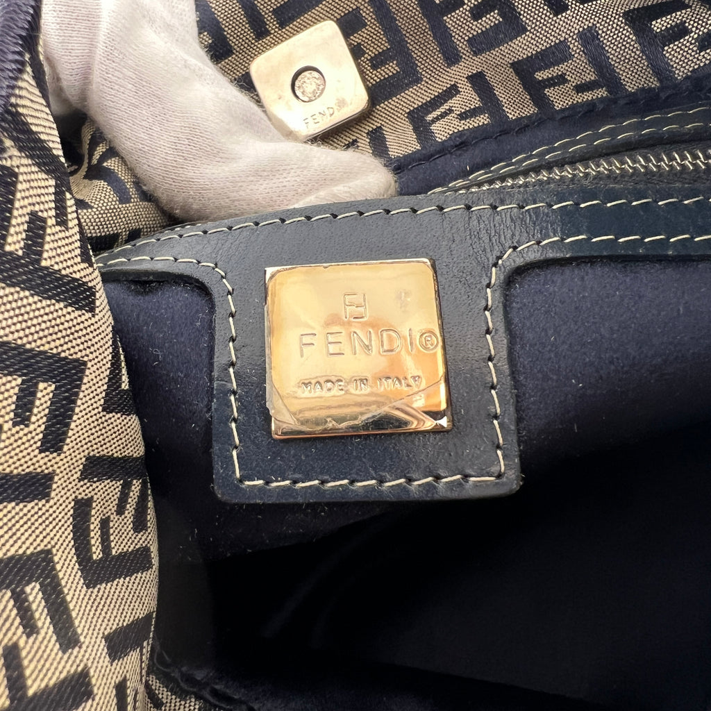 Fendi | Vintage Y2K Navy FF Zucca Pattern Canvas Silver Baguette Buckle Bucket Bag