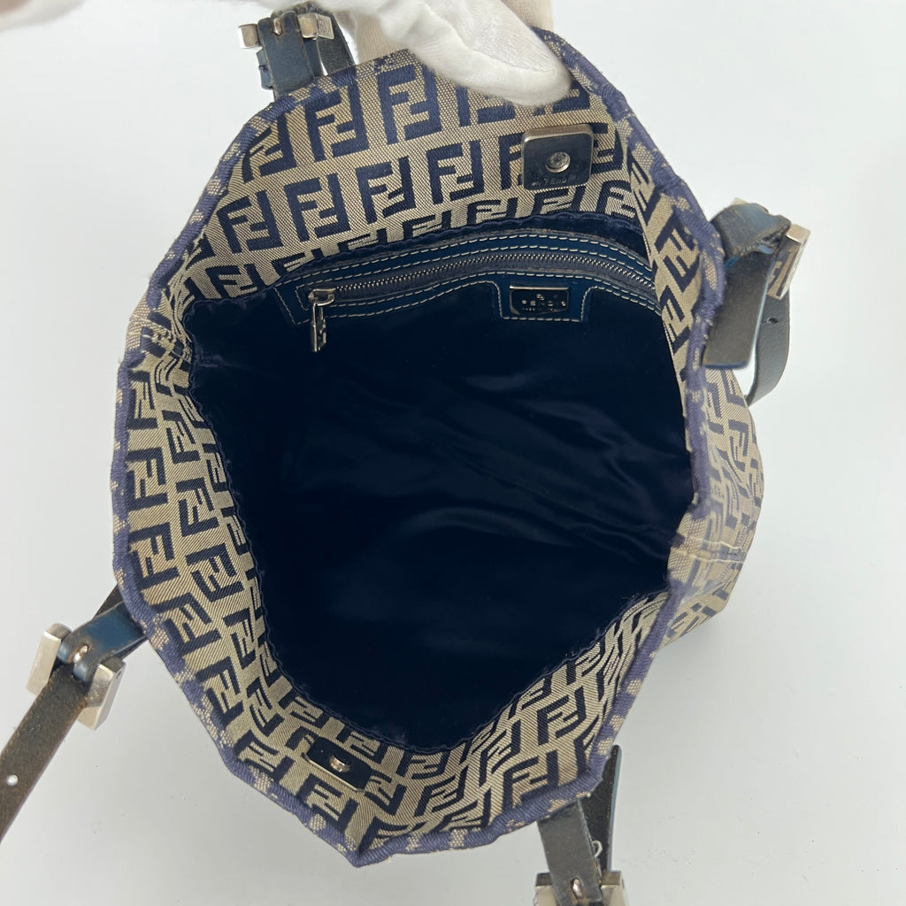 Fendi | Vintage Y2K Navy FF Zucca Pattern Canvas Silver Baguette Buckle Bucket Bag
