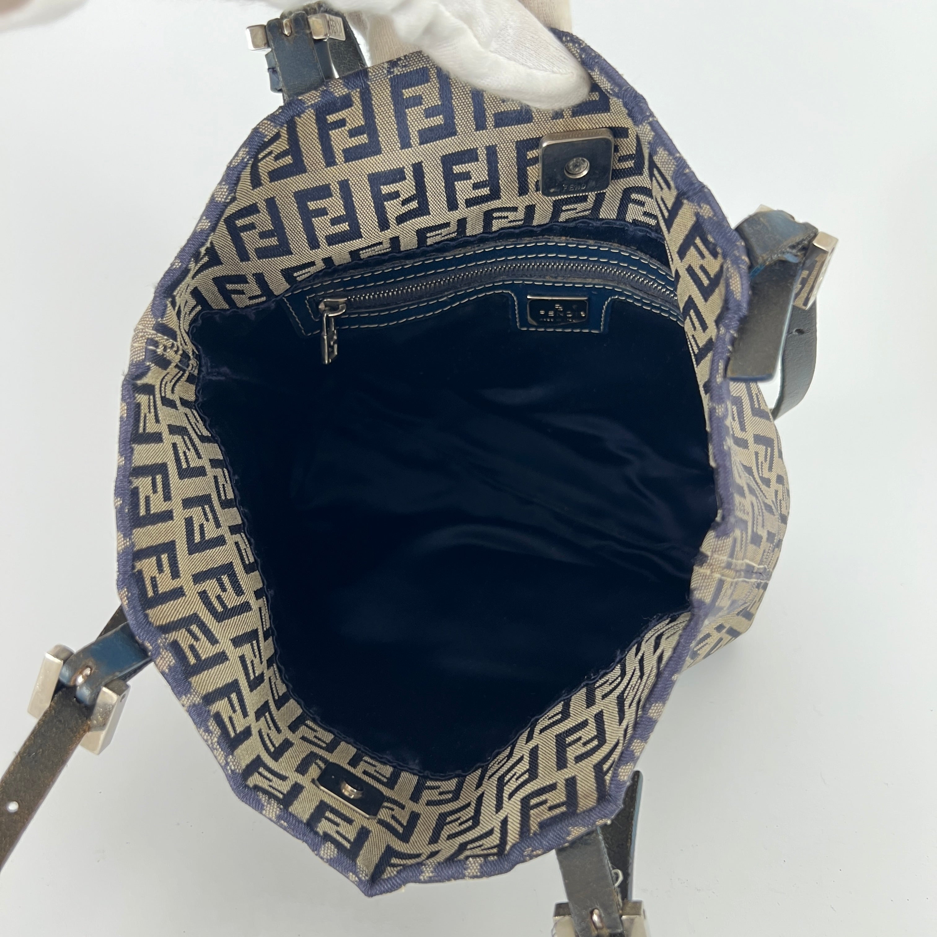 Fendi | Vintage Y2K Navy FF Zucca Pattern Canvas Silver Baguette Buckle Bucket Bag