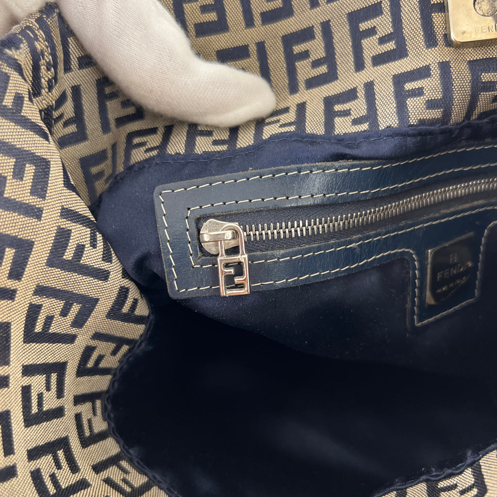 Fendi | Vintage Y2K Navy FF Zucca Pattern Canvas Silver Baguette Buckle Bucket Bag