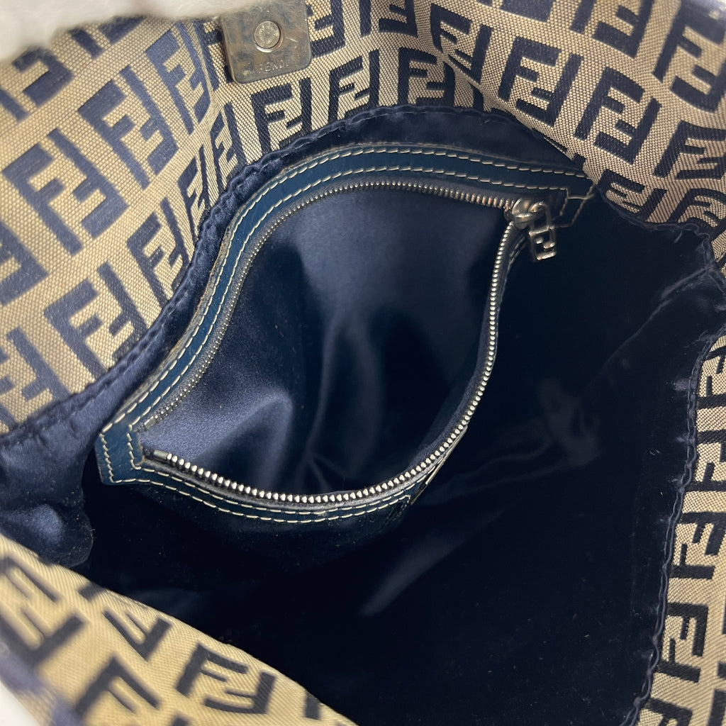 Fendi | Vintage Y2K Navy FF Zucca Pattern Canvas Silver Baguette Buckle Bucket Bag