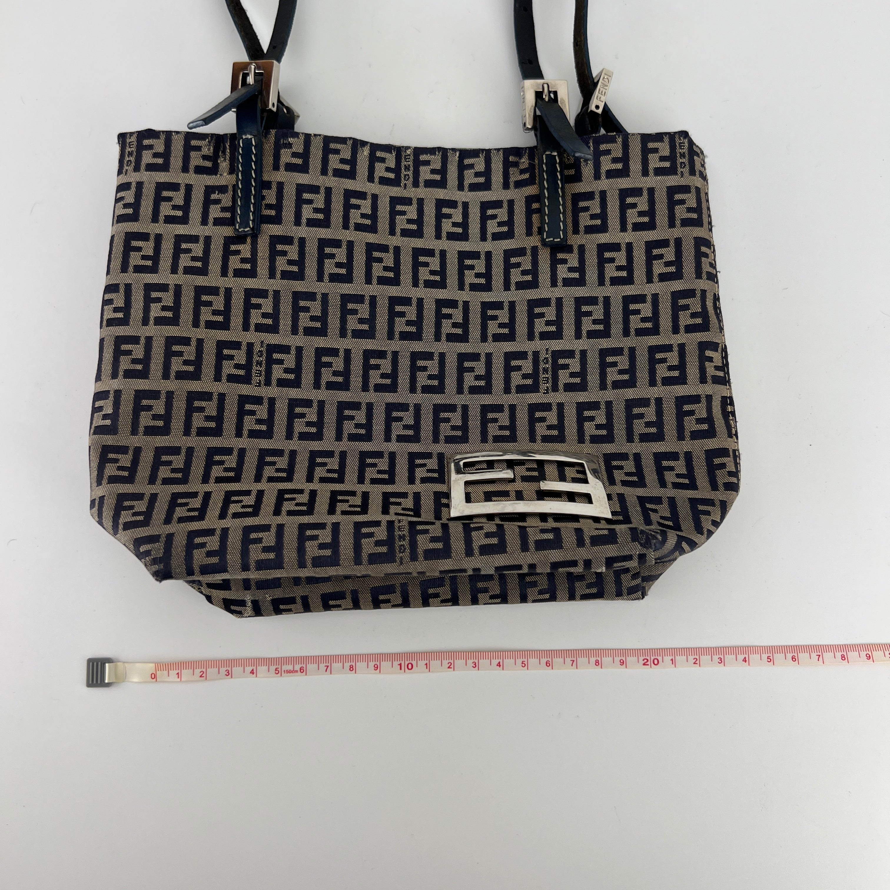Fendi | Vintage Y2K Navy FF Zucca Pattern Canvas Silver Baguette Buckle Bucket Bag