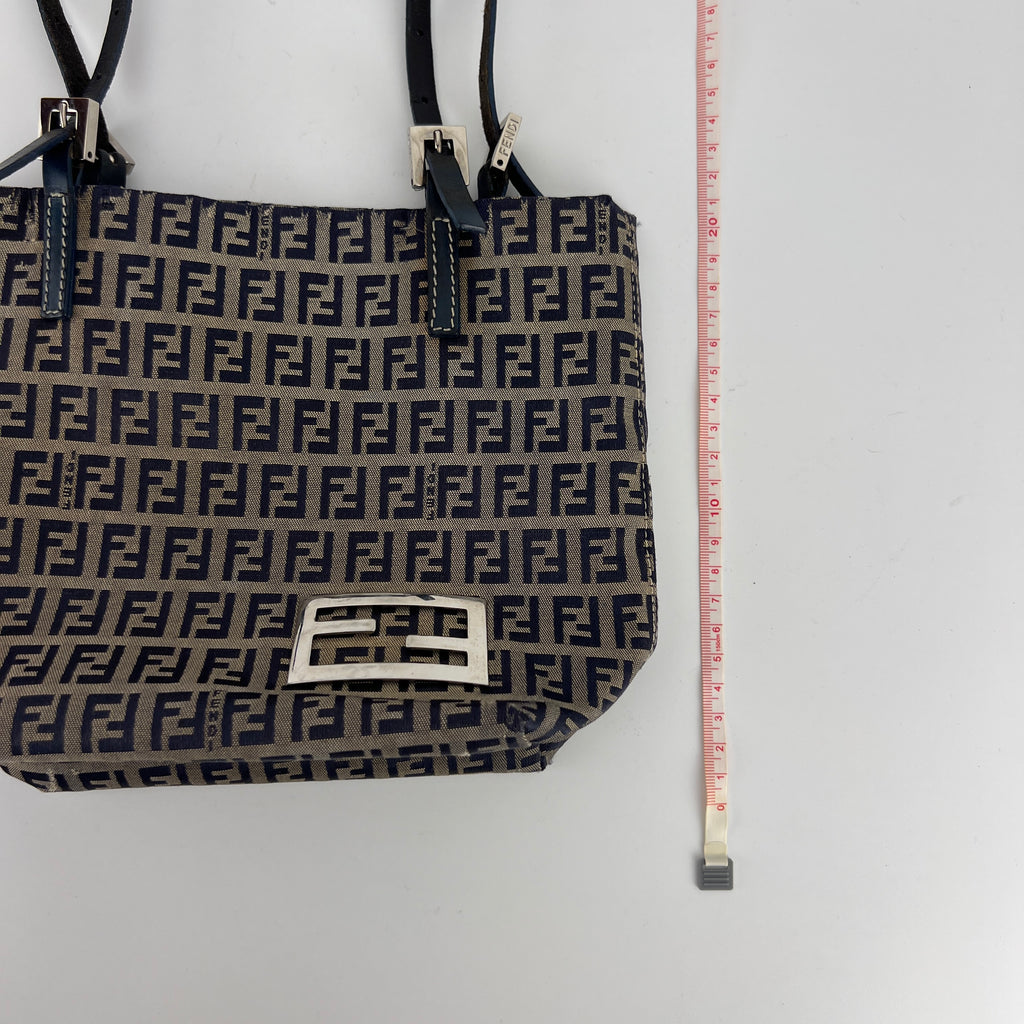 Fendi | Vintage Y2K Navy FF Zucca Pattern Canvas Silver Baguette Buckle Bucket Bag