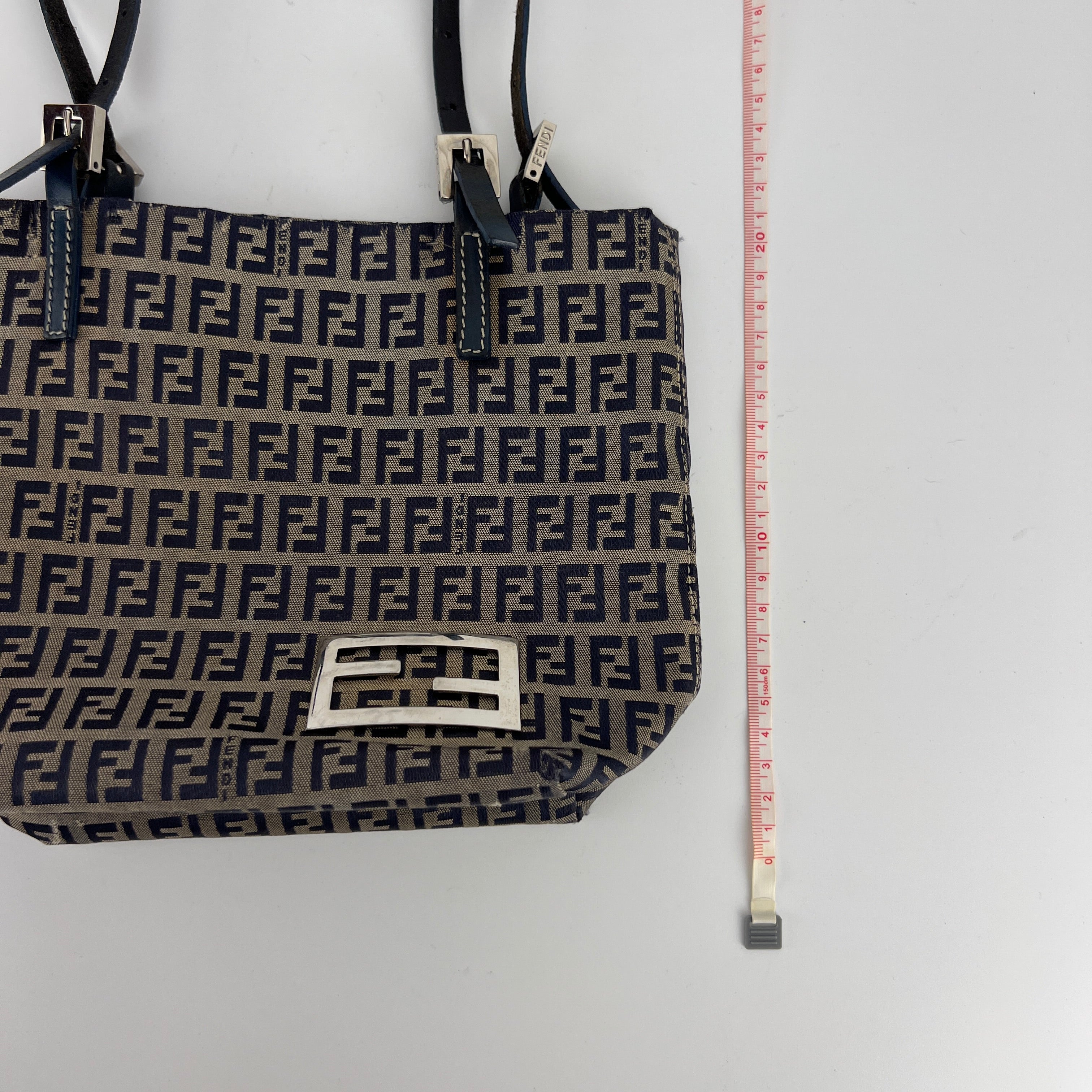 Fendi | Vintage Y2K Navy FF Zucca Pattern Canvas Silver Baguette Buckle Bucket Bag