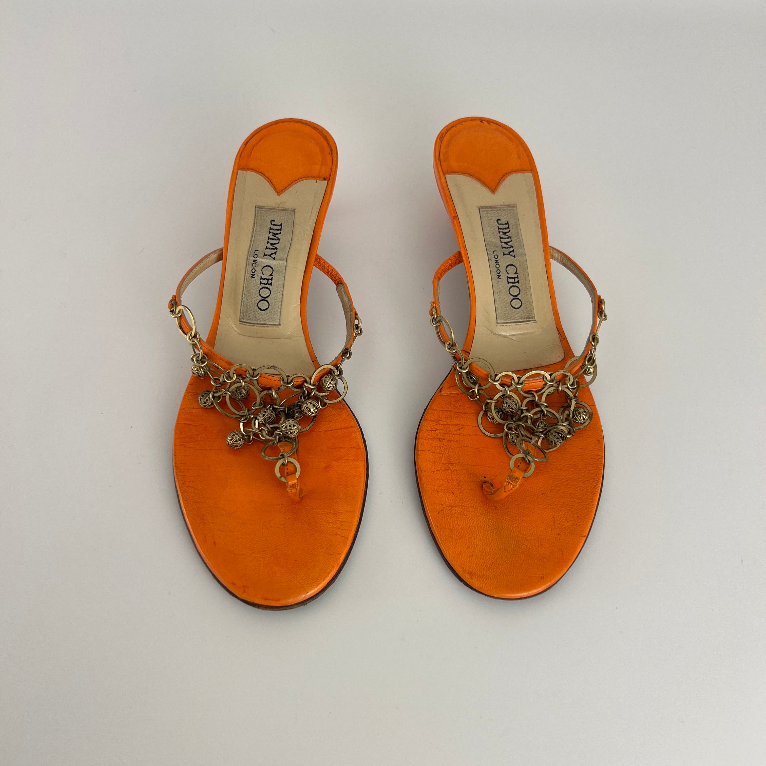 Jimmy Choo | Orange Leather Gold Embellished Kitten Heel Thong Mules (36)