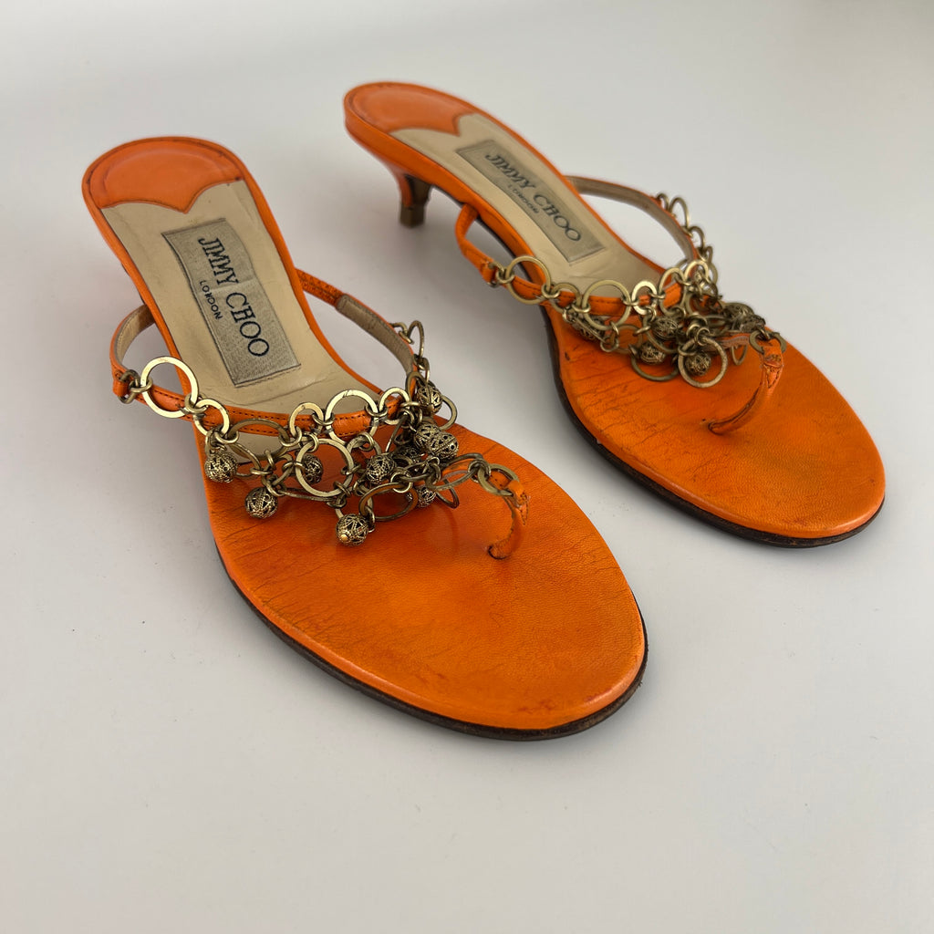 Jimmy Choo | Orange Leather Gold Embellished Kitten Heel Thong Mules (36)