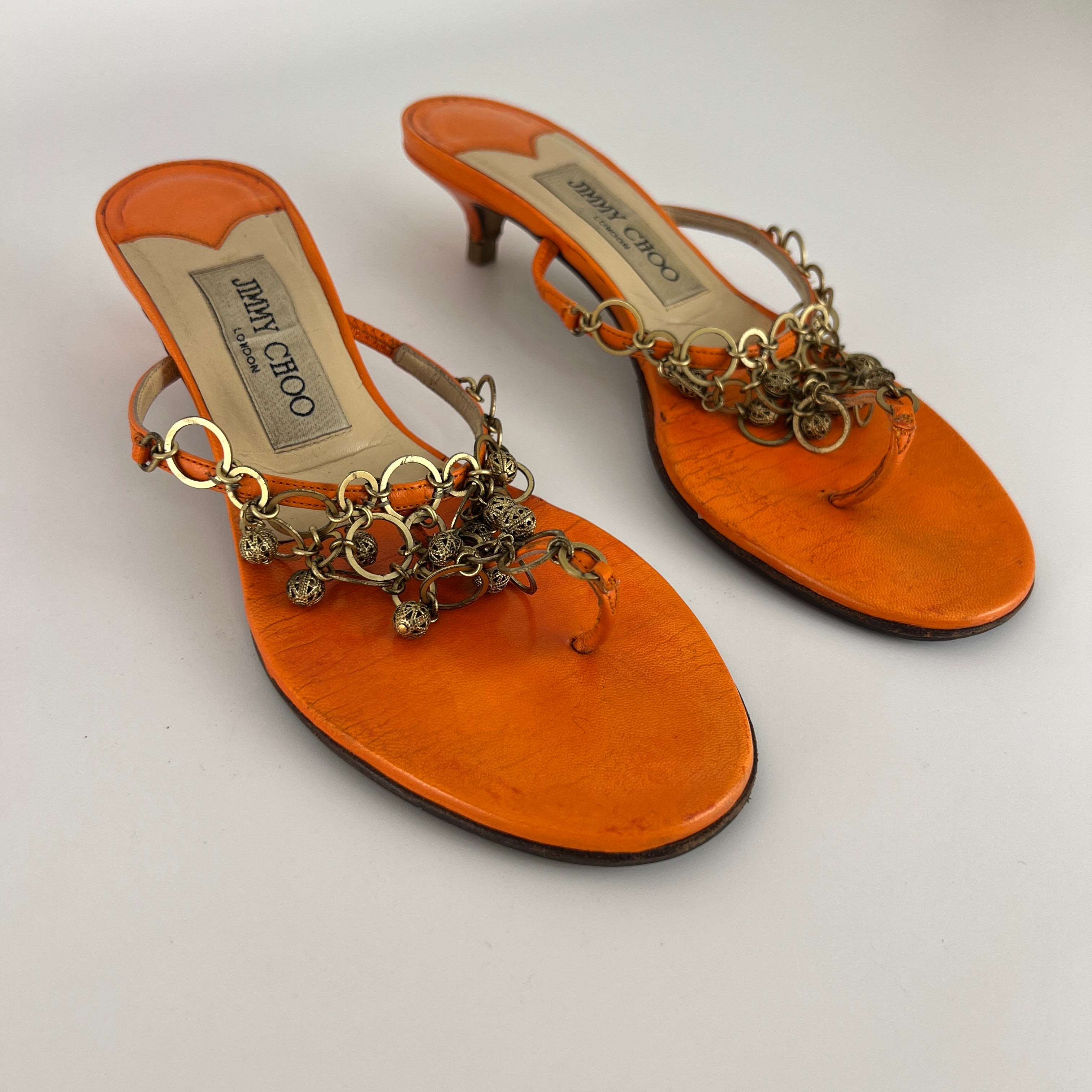 Jimmy Choo | Orange Leather Gold Embellished Kitten Heel Thong Mules (36)