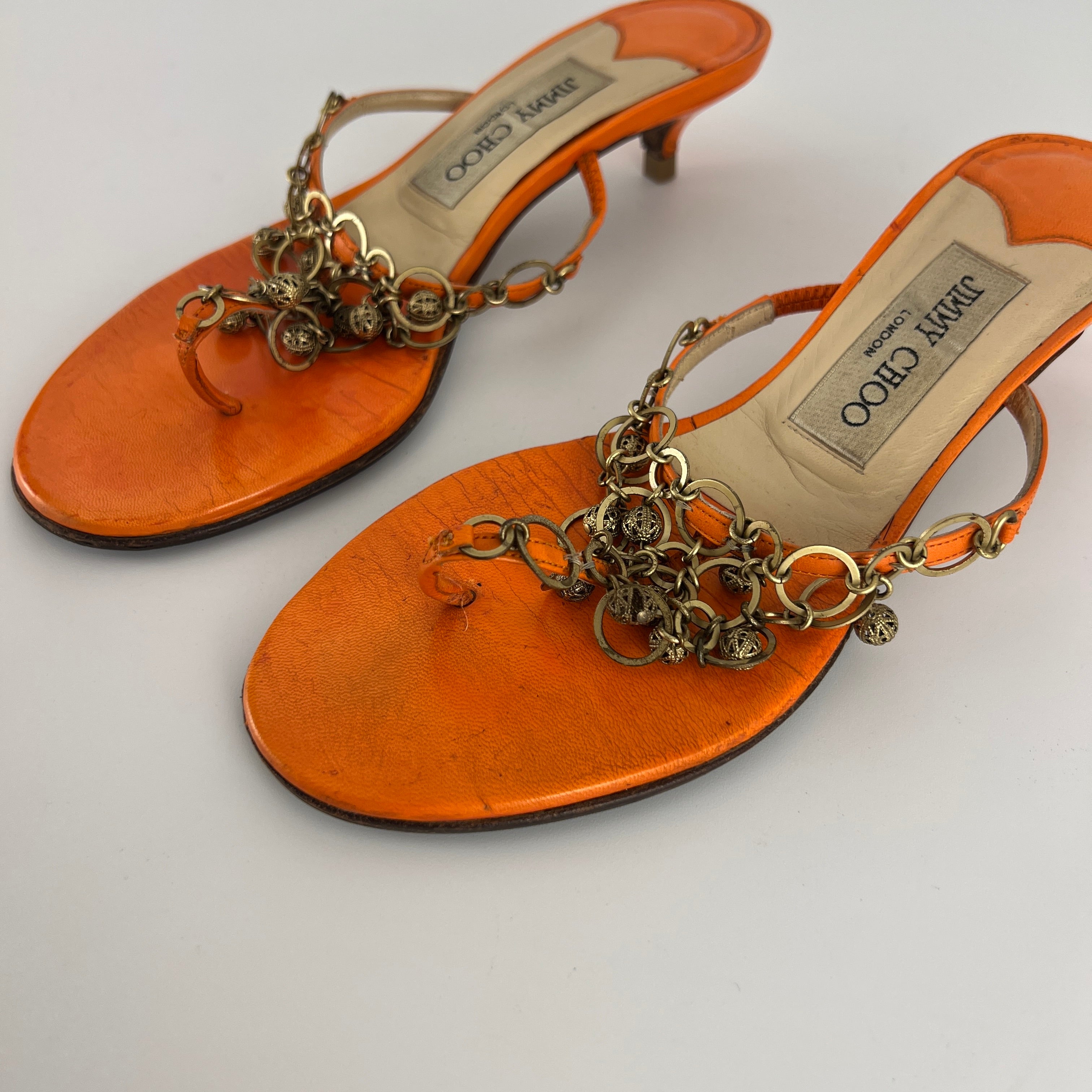 Jimmy Choo | Orange Leather Gold Embellished Kitten Heel Thong Mules (36)
