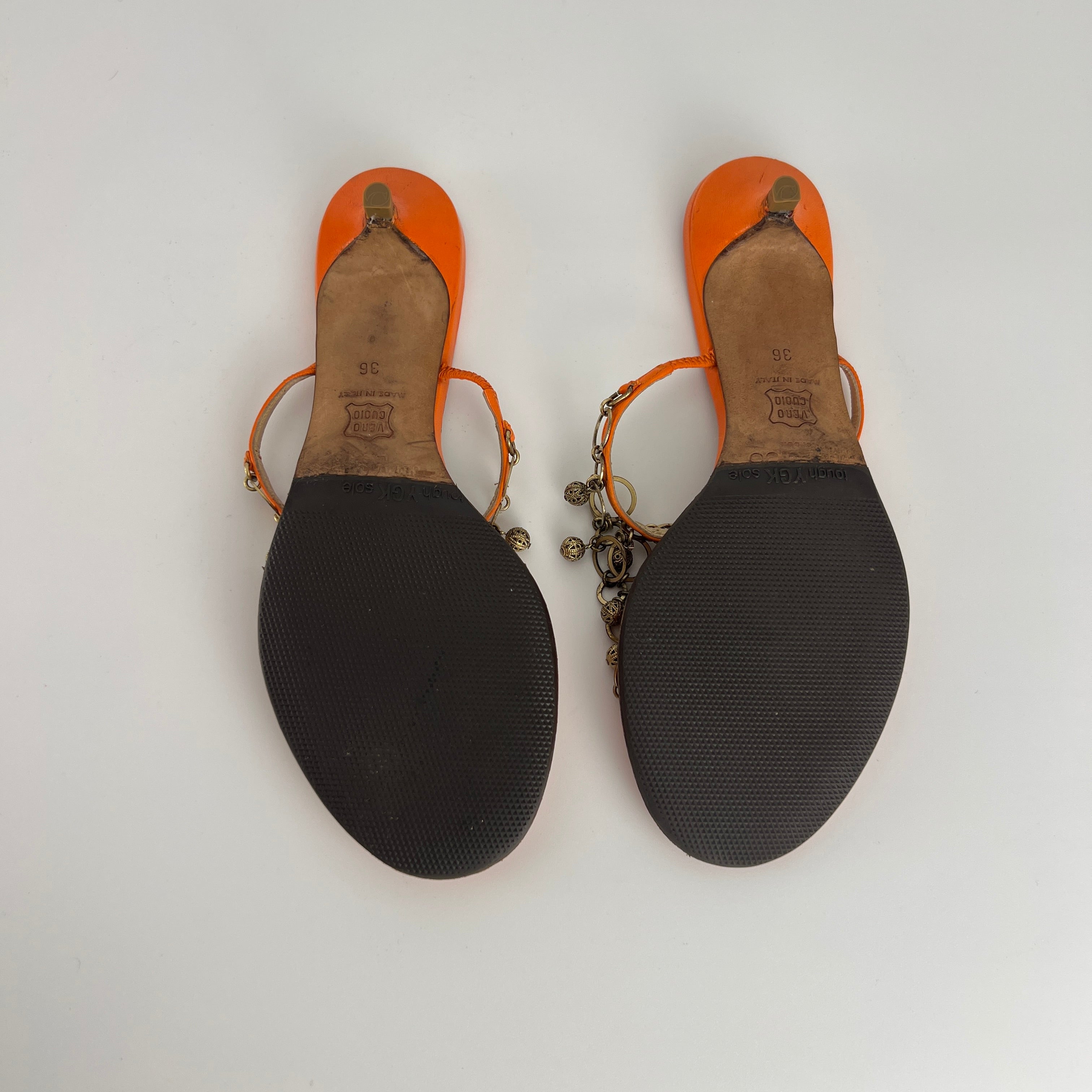 Jimmy Choo | Orange Leather Gold Embellished Kitten Heel Thong Mules (36)