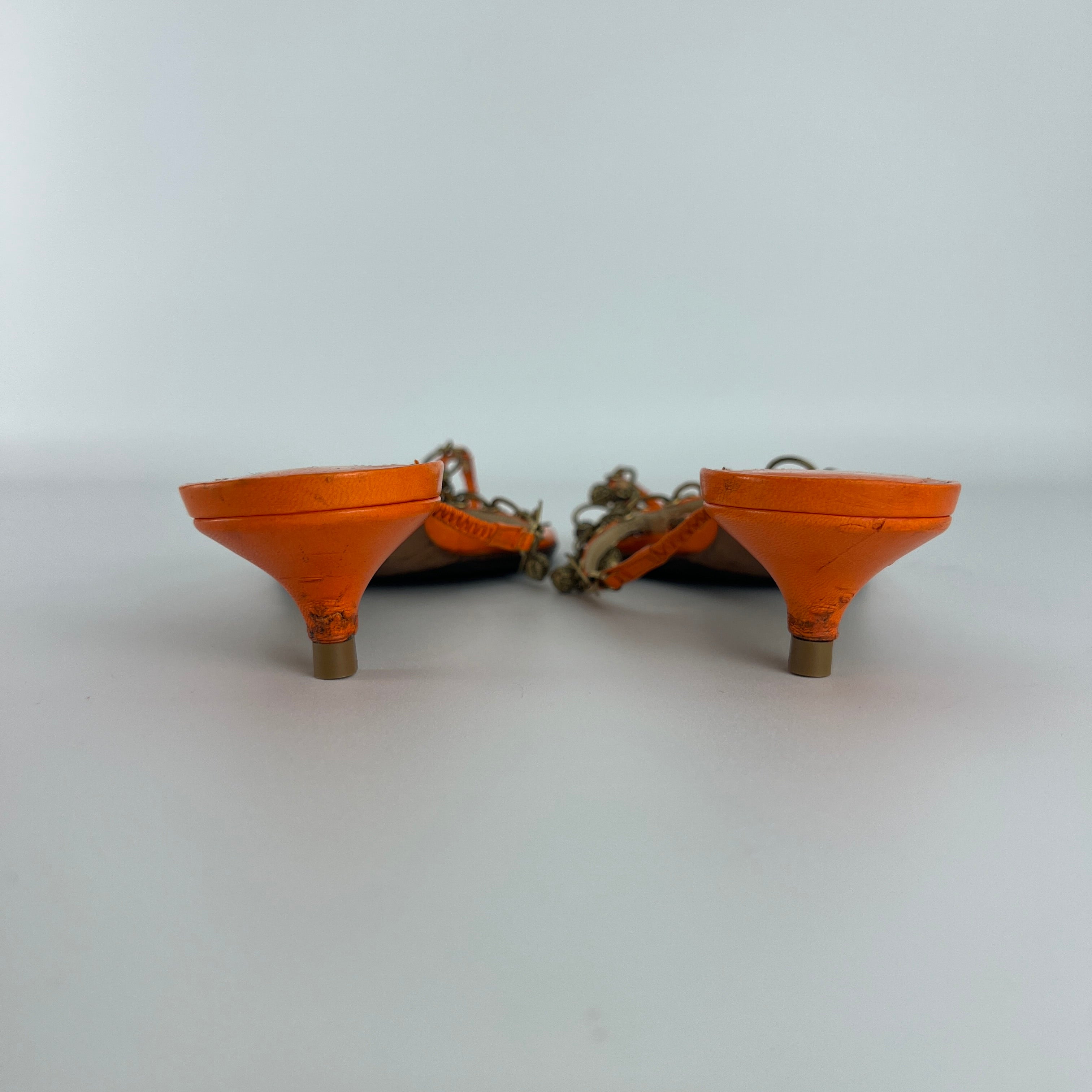 Jimmy Choo | Orange Leather Gold Embellished Kitten Heel Thong Mules (36)