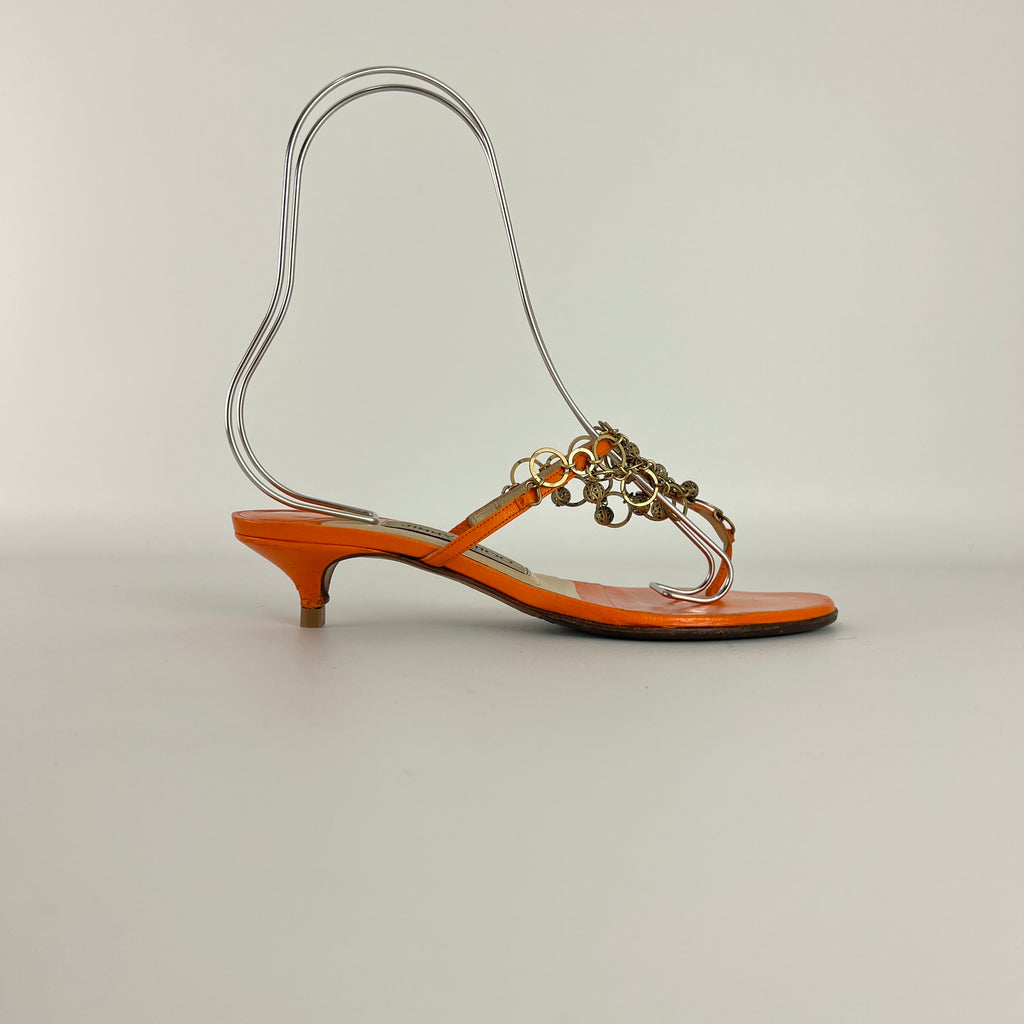 Jimmy Choo | Orange Leather Gold Embellished Kitten Heel Thong Mules (36)