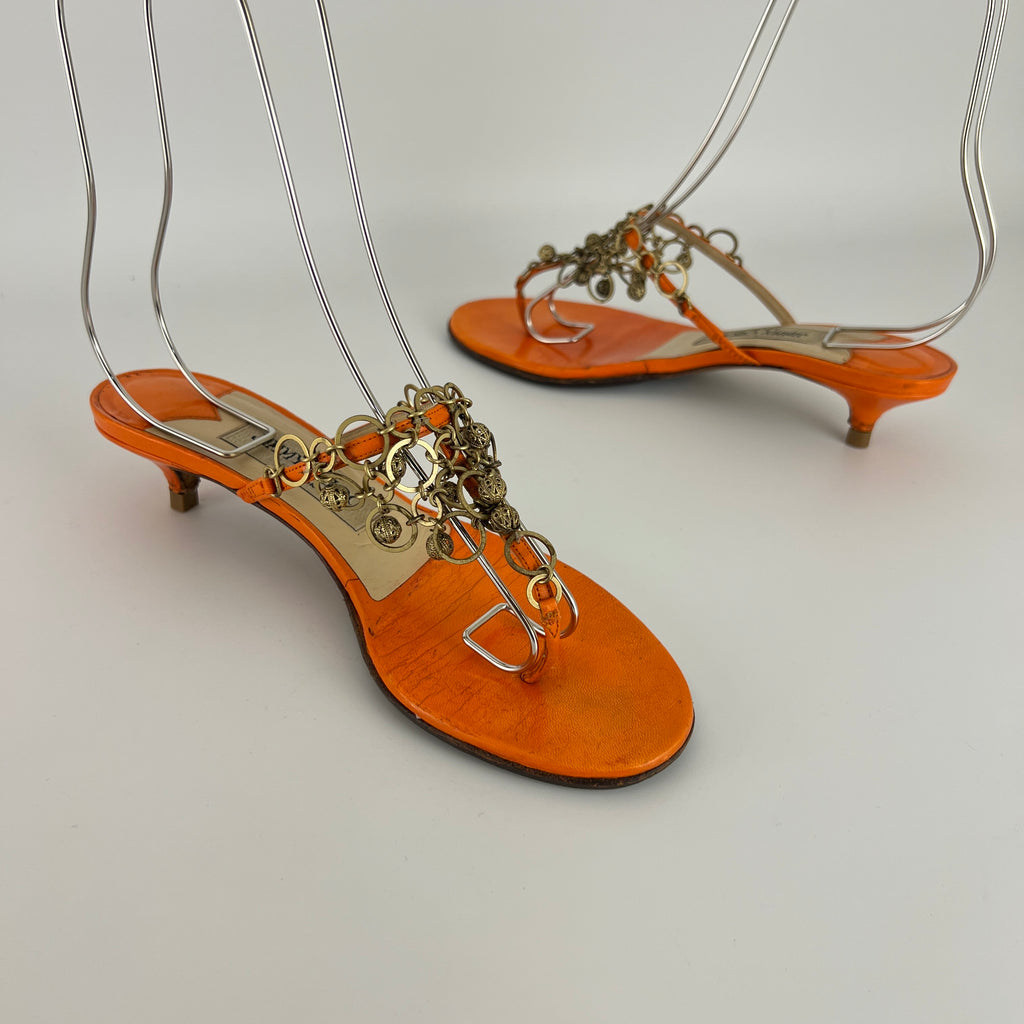 Jimmy Choo | Orange Leather Gold Embellished Kitten Heel Thong Mules (36)