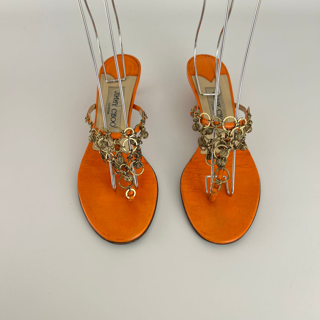 Jimmy Choo | Orange Leather Gold Embellished Kitten Heel Thong Mules (36)