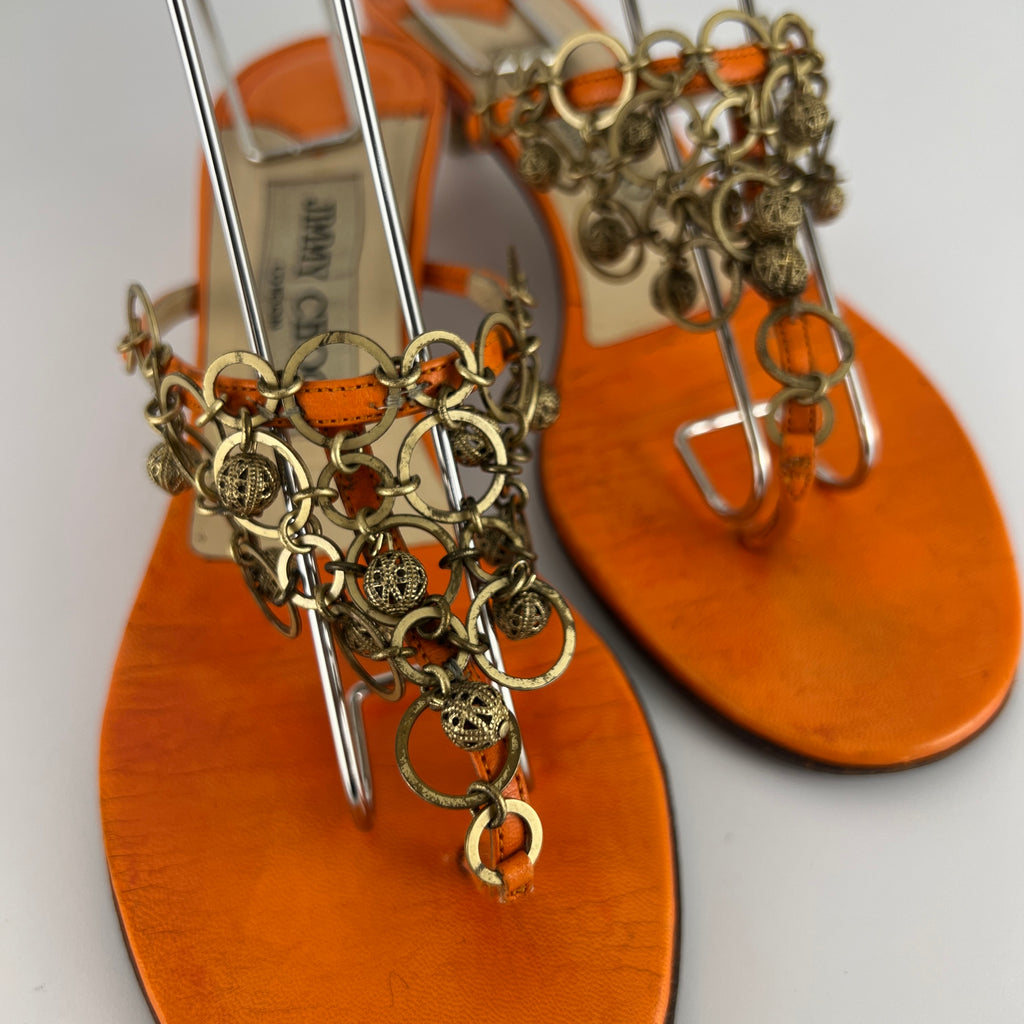 Jimmy Choo | Orange Leather Gold Embellished Kitten Heel Thong Mules (36)
