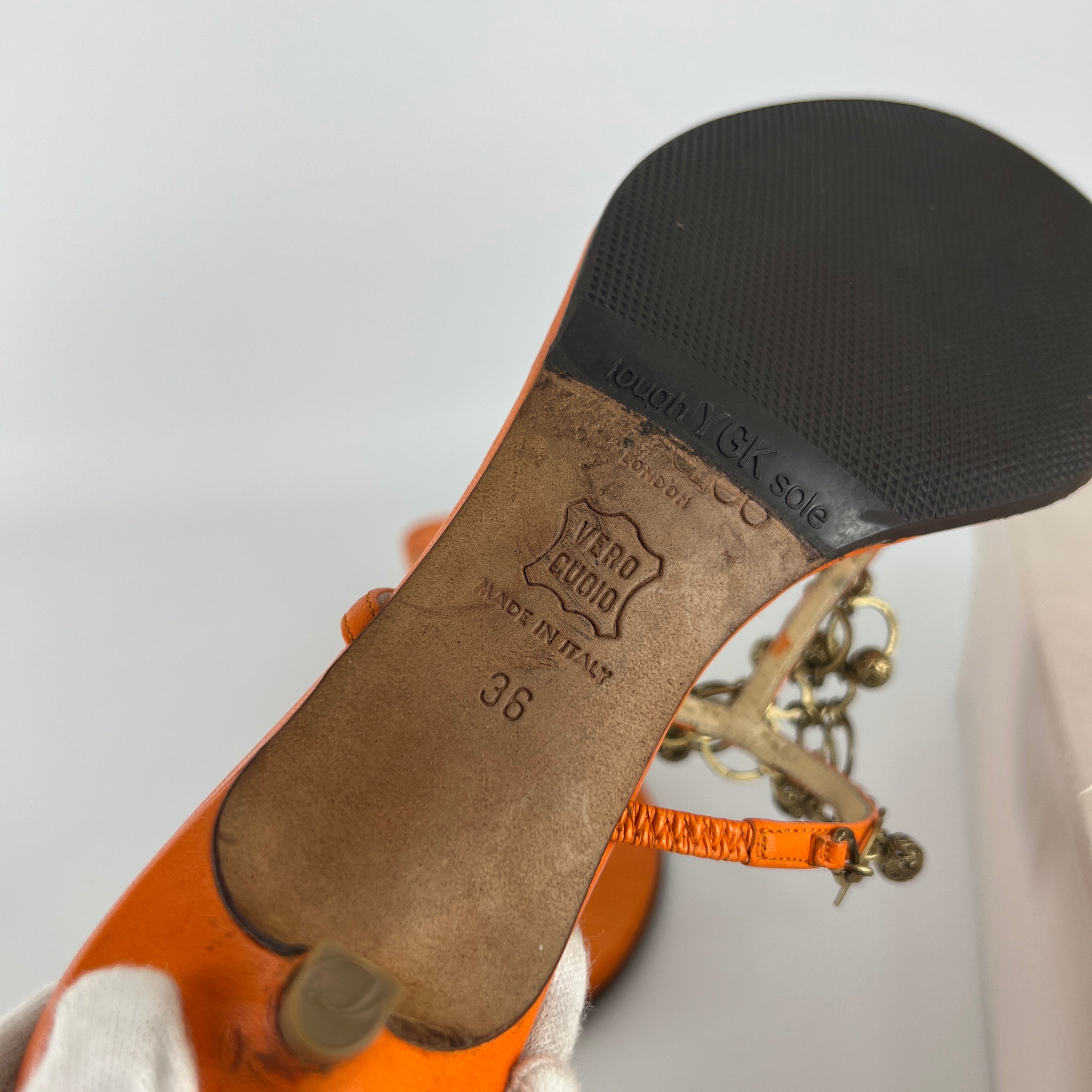 Jimmy Choo | Orange Leather Gold Embellished Kitten Heel Thong Mules (36)